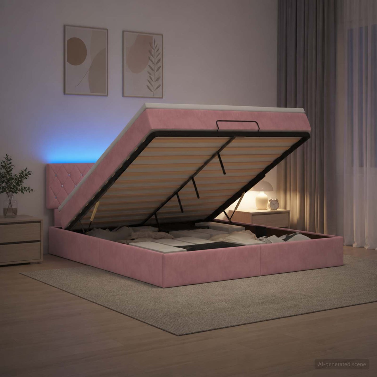 vidaXL Κρεβάτι Ottoman με Στρώμα και LED Ροζ 180 x 200 cm Βελούδο