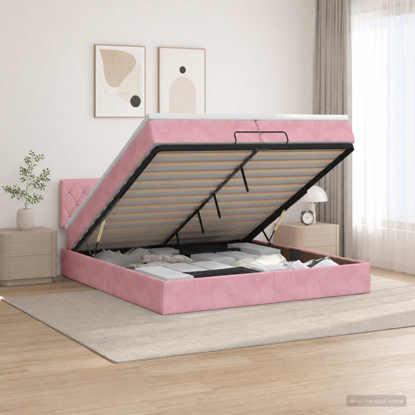 vidaXL Κρεβάτι Ottoman με στρώμα με κεφαλάρι Ροζ 200 x 200 cm Βελούδο