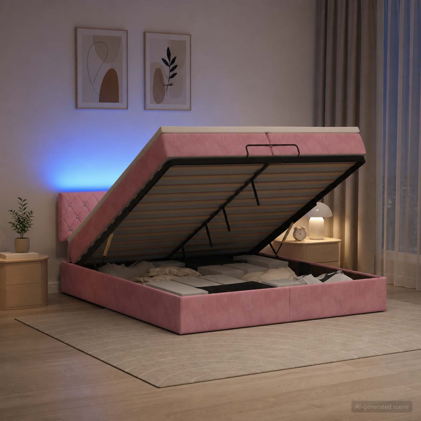 vidaXL Κρεβάτι Ottoman με Στρώμα και LED Ροζ 200 x 200 cm Βελούδο