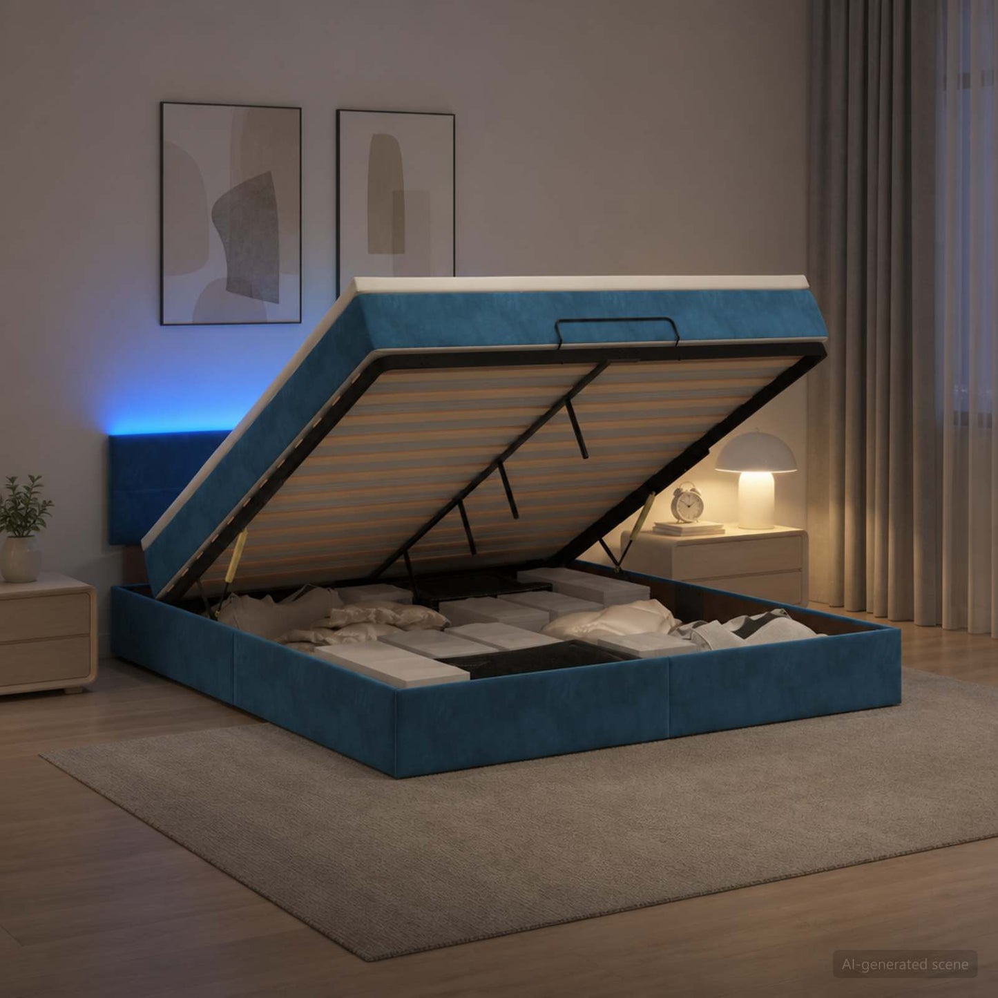vidaXL Κρεβάτι Ottoman με Στρώμα και LED Σκούρο Μπλε 180 x 200 cm
