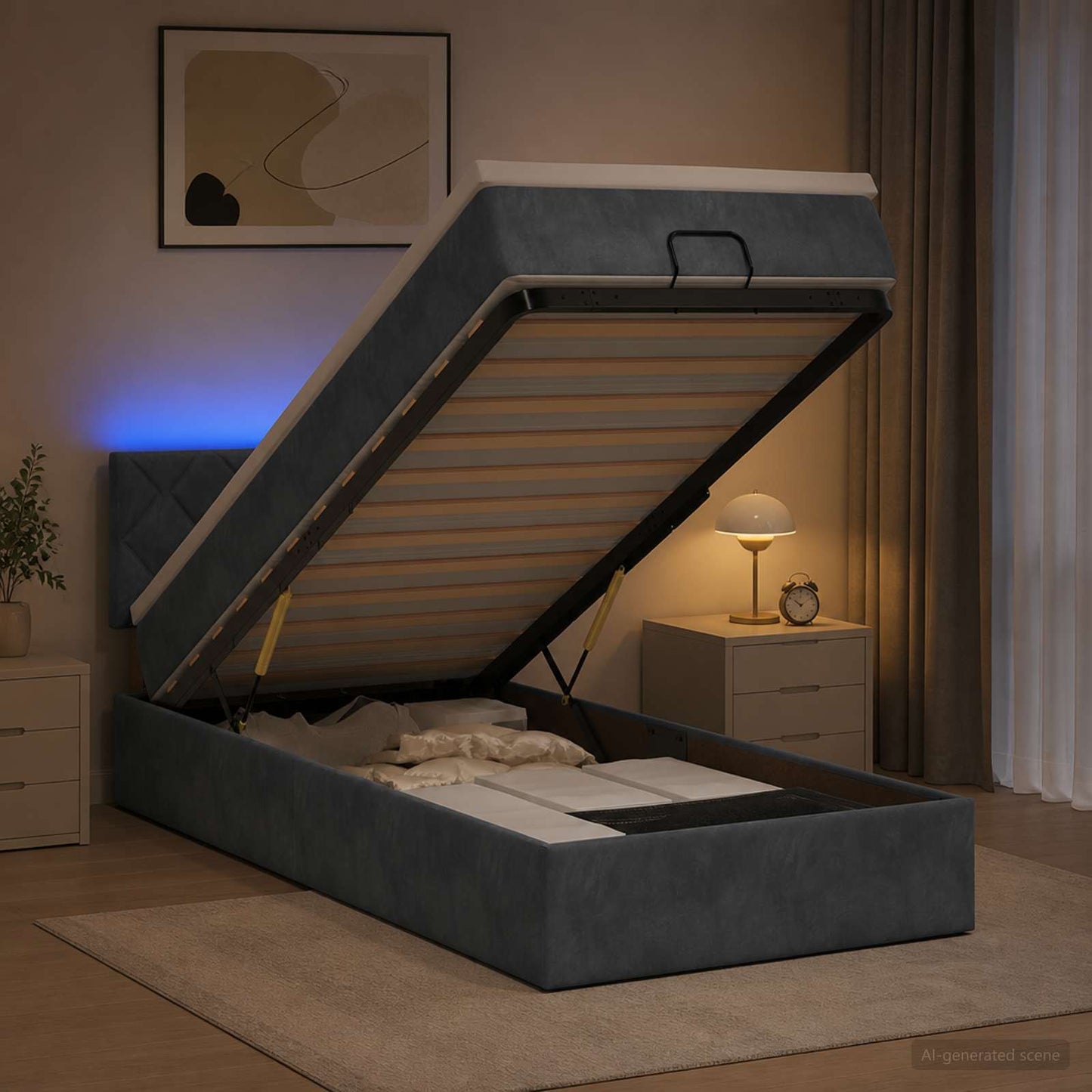 vidaXL Κρεβάτι Ottoman με Στρώμα και LED Σκούρο Γκρι 100 x 200 cm