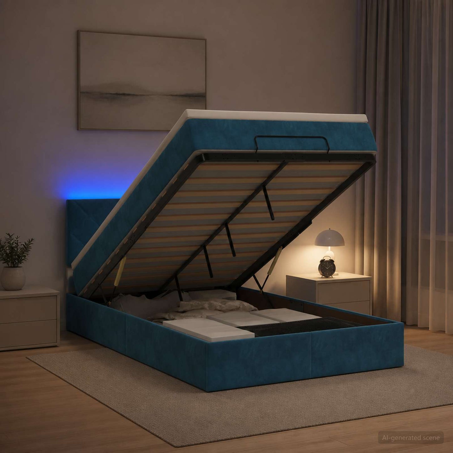 vidaXL Κρεβάτι Ottoman με Στρώμα και LED Σκούρο Μπλε 120 x 200 cm