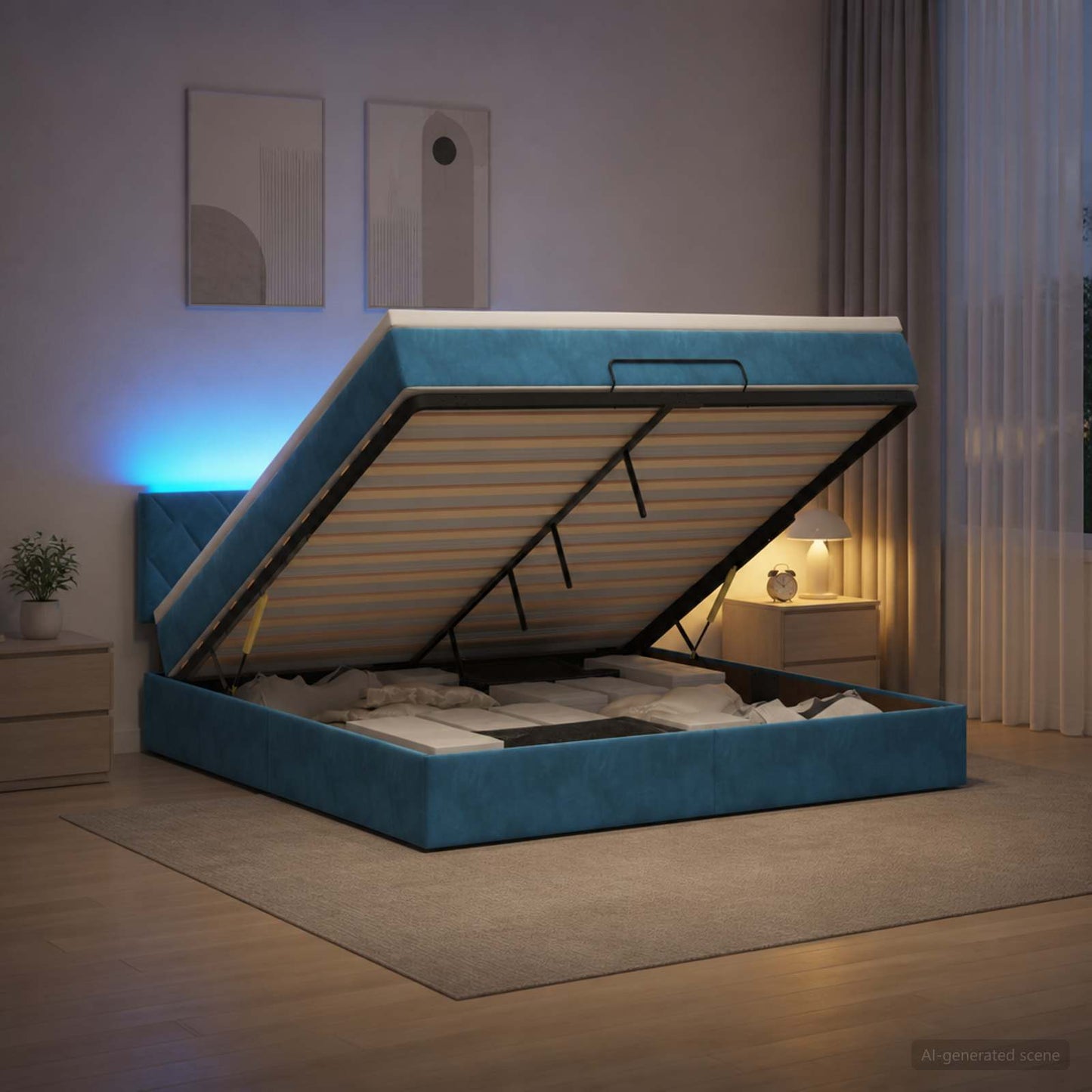 vidaXL Κρεβάτι Ottoman με Στρώμα και LED Σκούρο Μπλε 140 x 200 cm