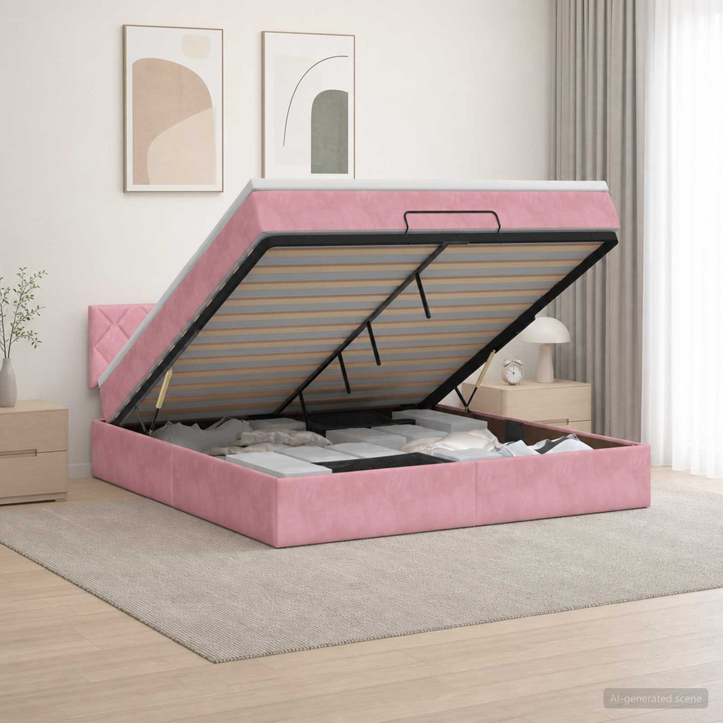 vidaXL Κρεβάτι Ottoman με Στρώμα και LED Ροζ 140 x 190 cm Βελούδο