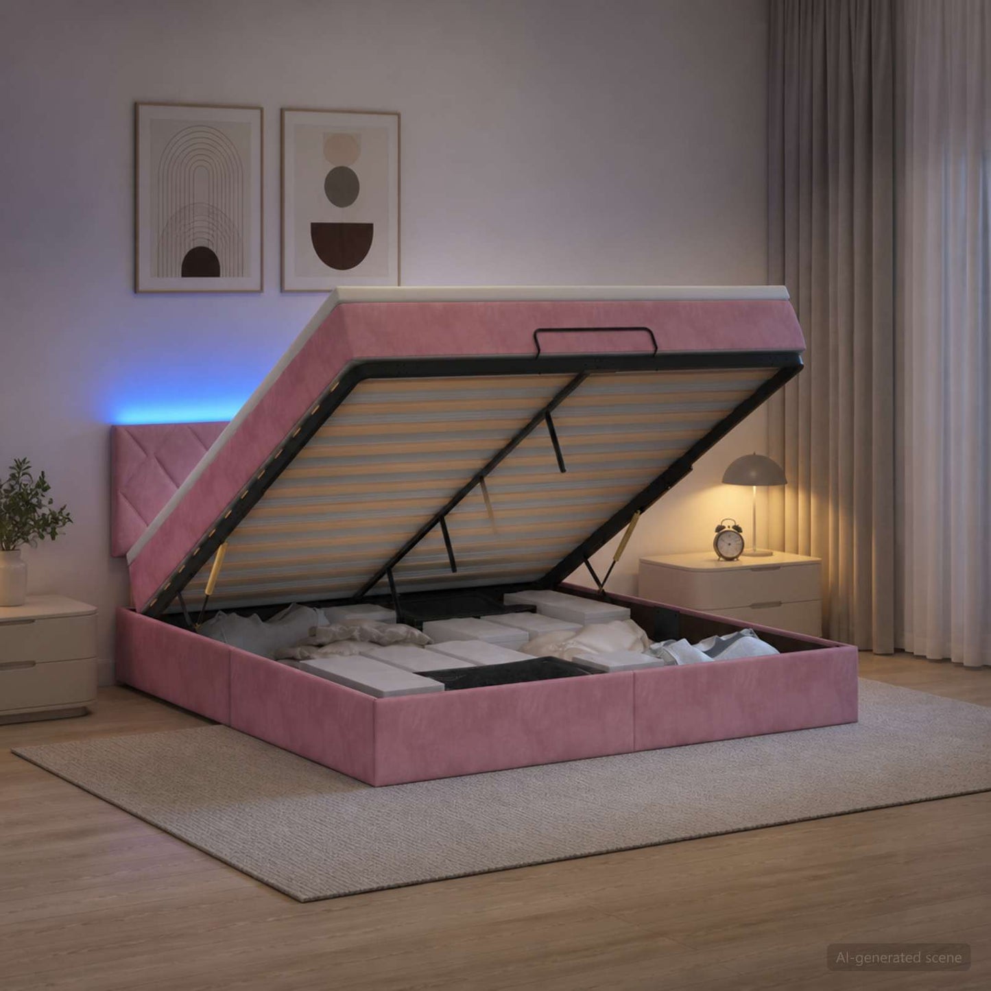 vidaXL Κρεβάτι Ottoman με Στρώμα και LED Ροζ 160 x 200 cm Βελούδο