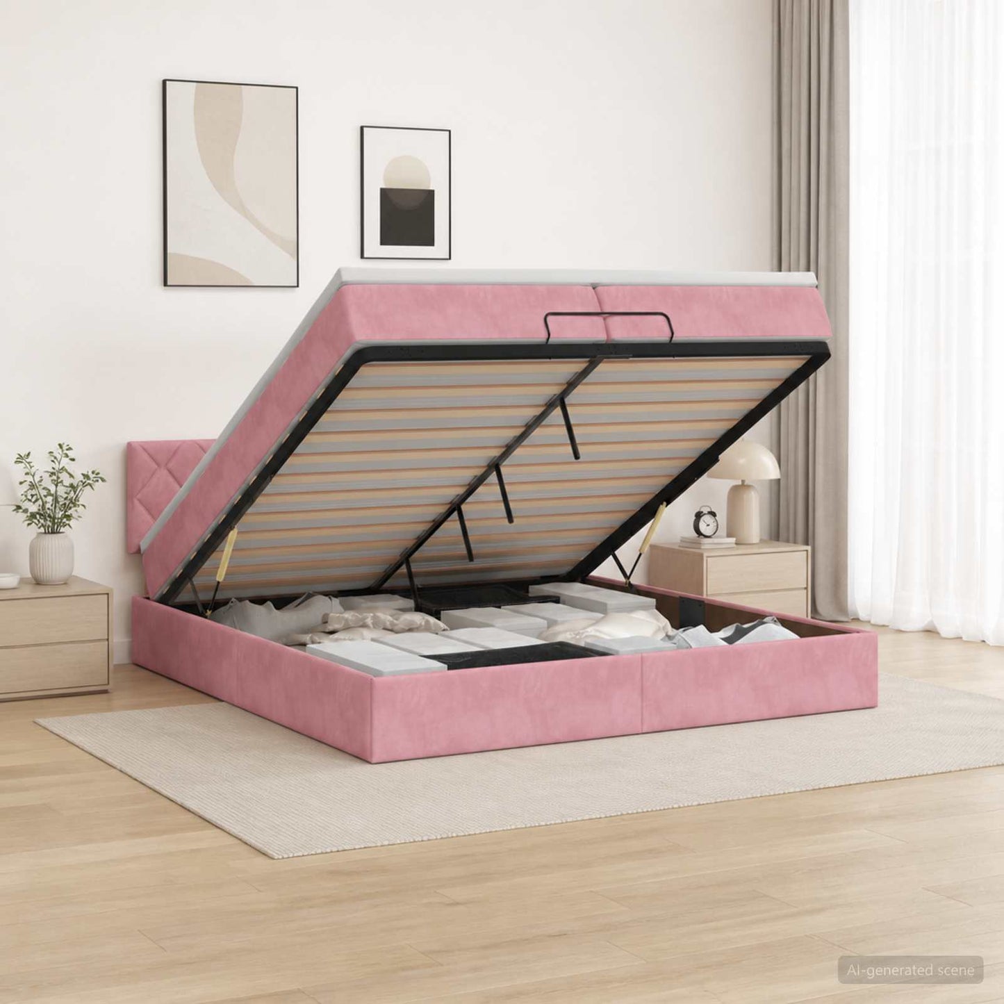 vidaXL Κρεβάτι Ottoman με Στρώμα και LED Ροζ 200 x 200 cm Βελούδο