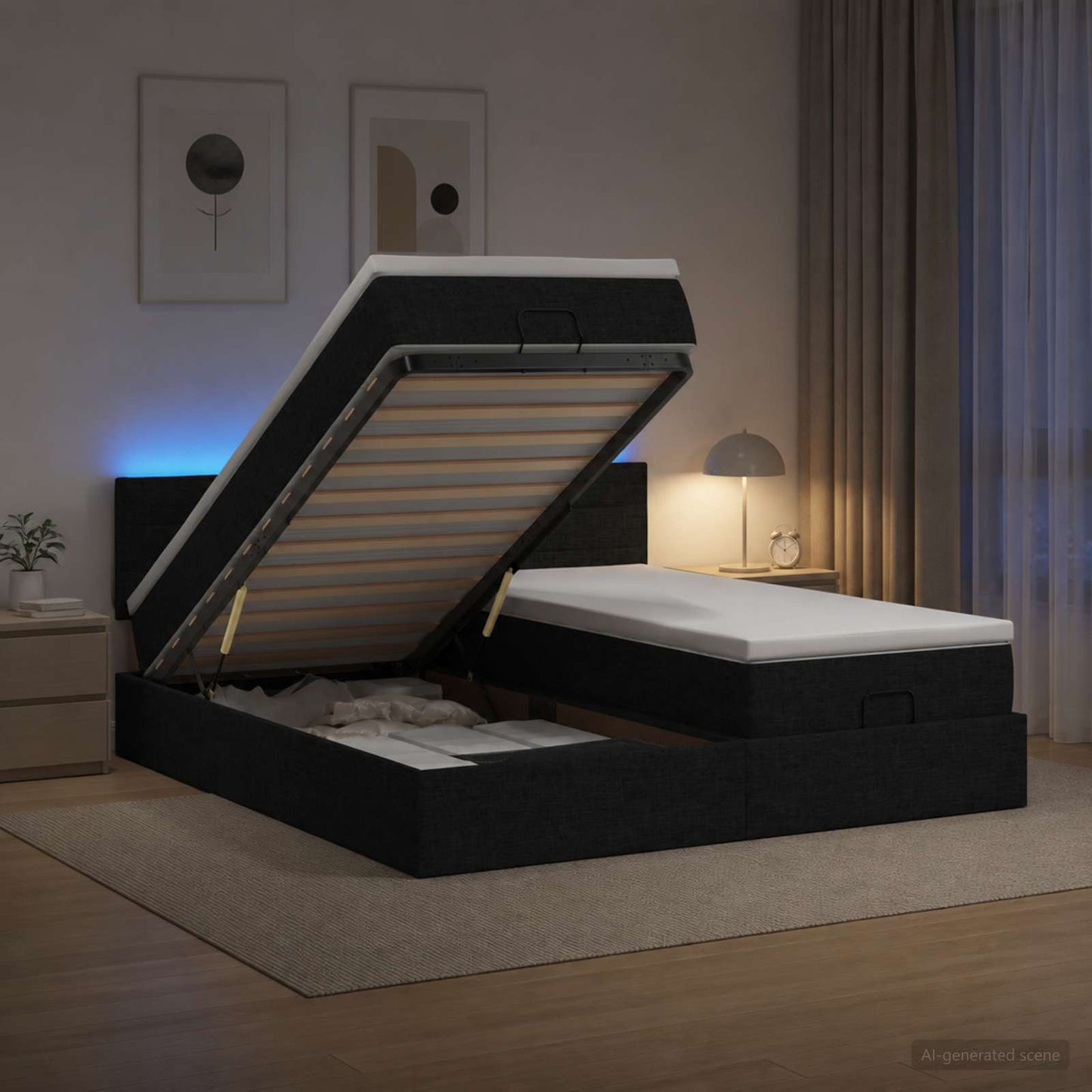 vidaXL Κρεβάτι Ottoman με Στρώμα και LED Μαύρο 180 x 200 cm Ύφασμα