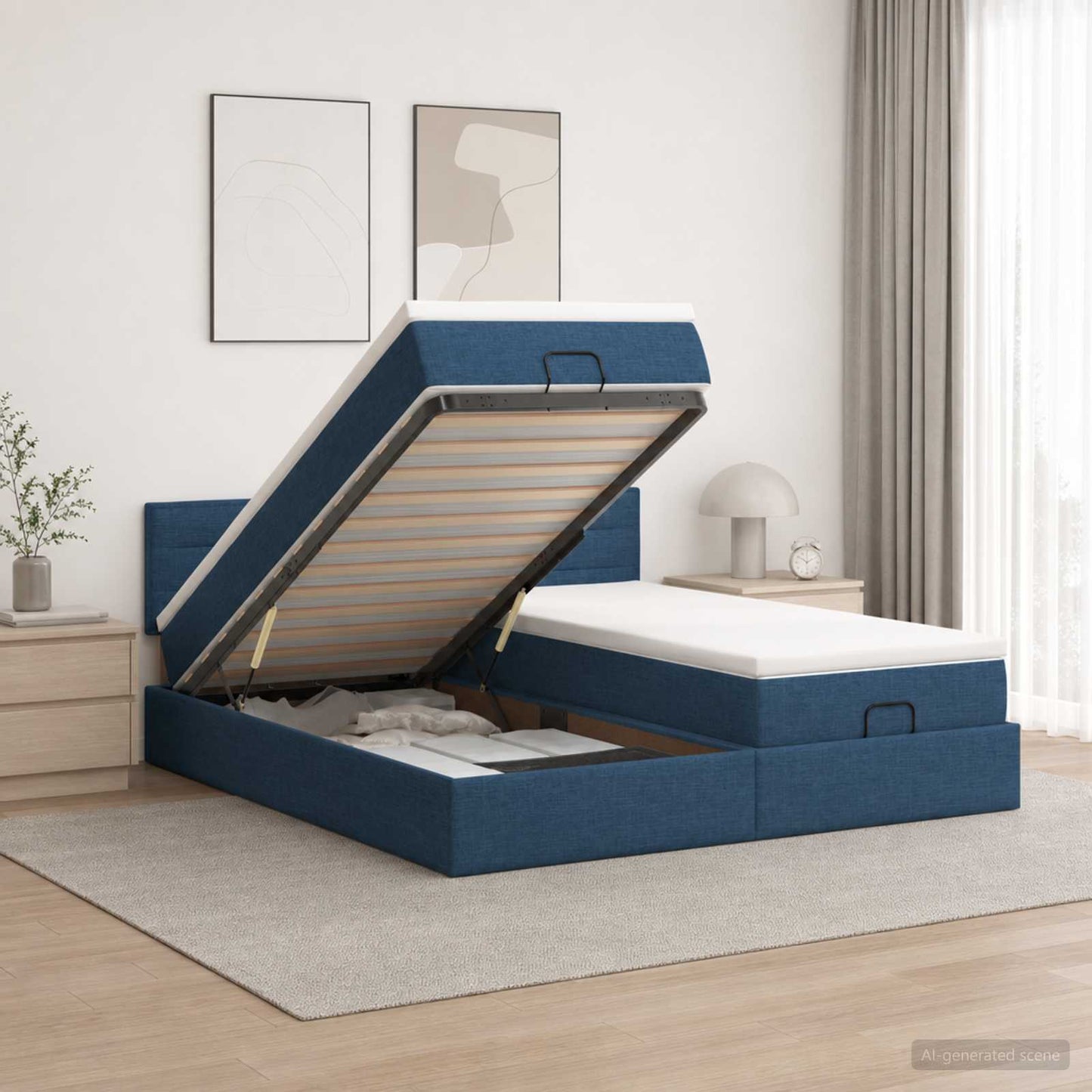 vidaXL Κρεβάτι Ottoman με στρώμα με κεφαλάρι 2 pcs Μπλε Ύφασμα