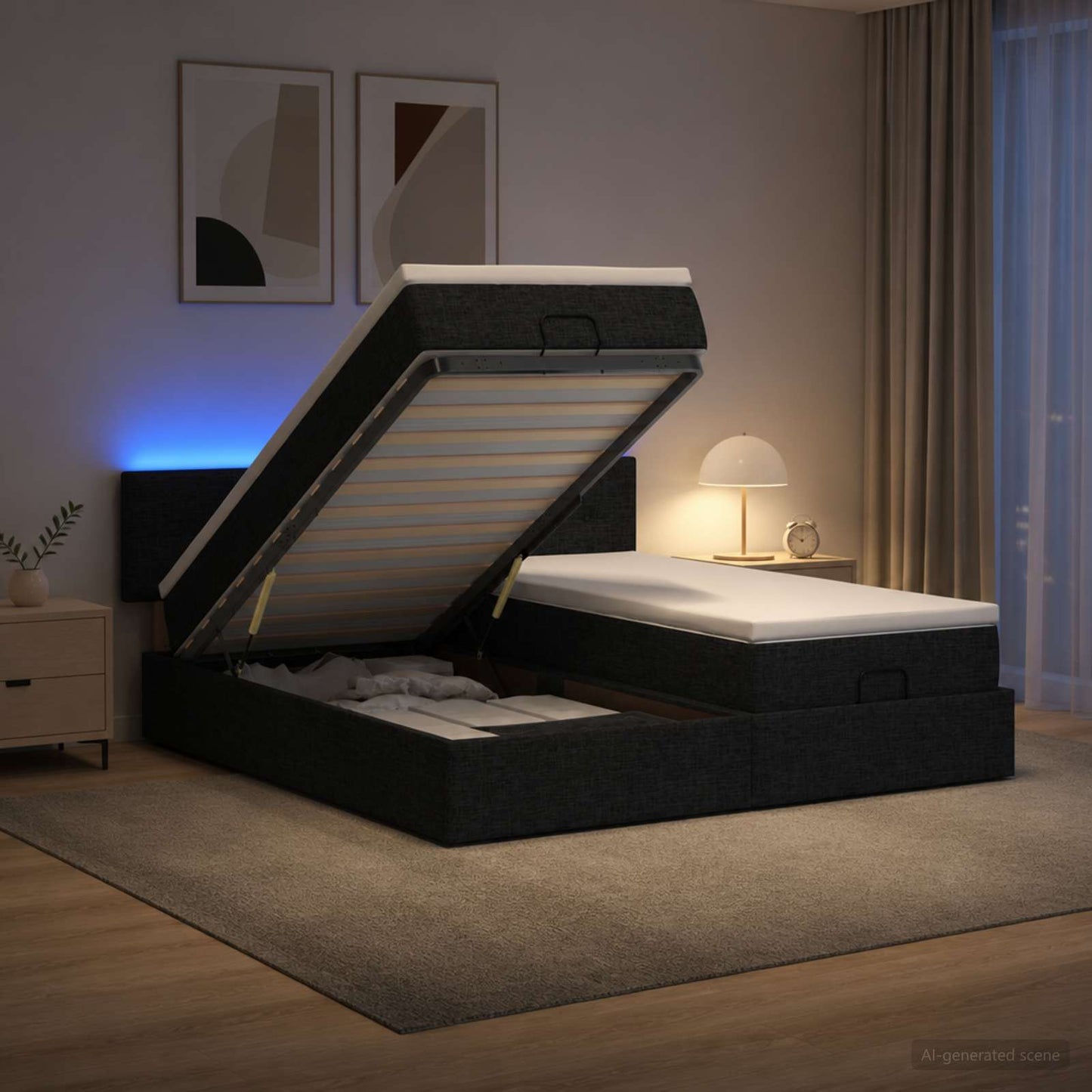 vidaXL Κρεβάτι Ottoman με Στρώμα και LED Μαύρο 160 x 200 cm Ύφασμα