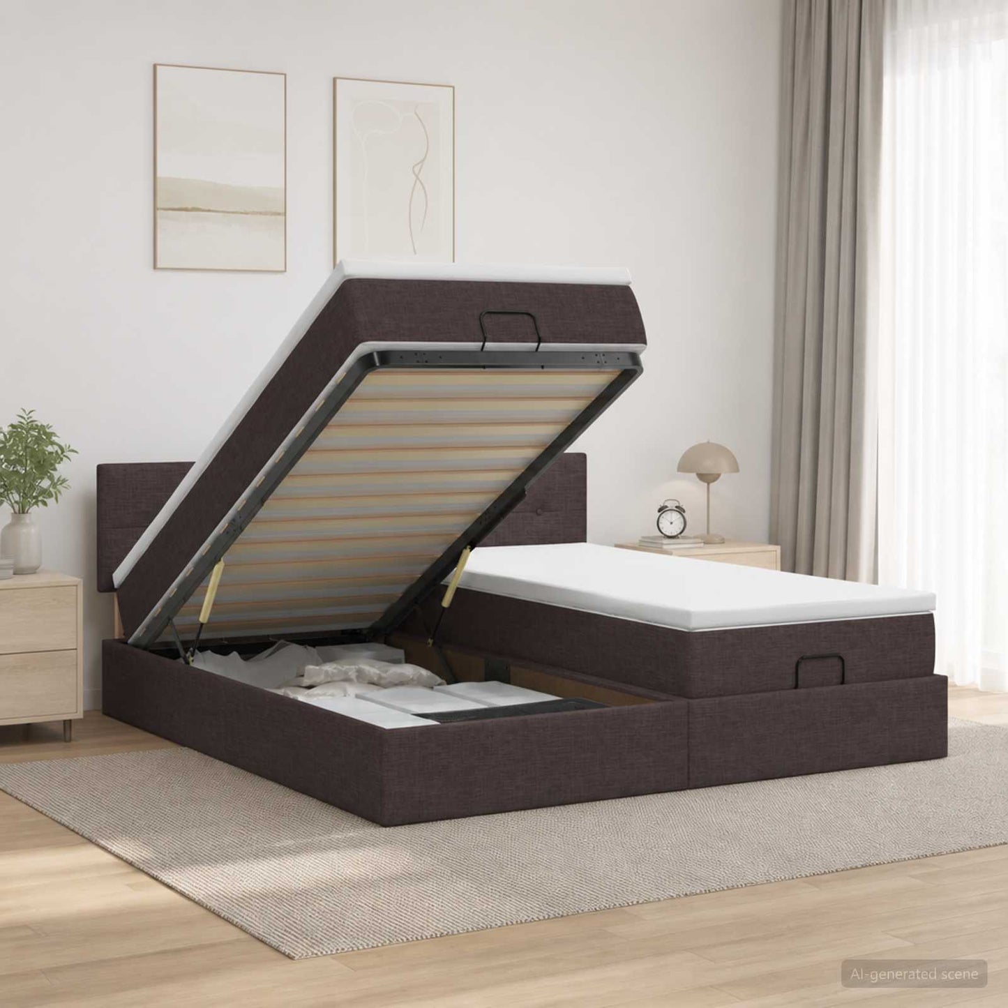 vidaXL Κρεβάτι Ottoman με Στρώμα και LED Σκούρο Καφέ 160 x 200 cm