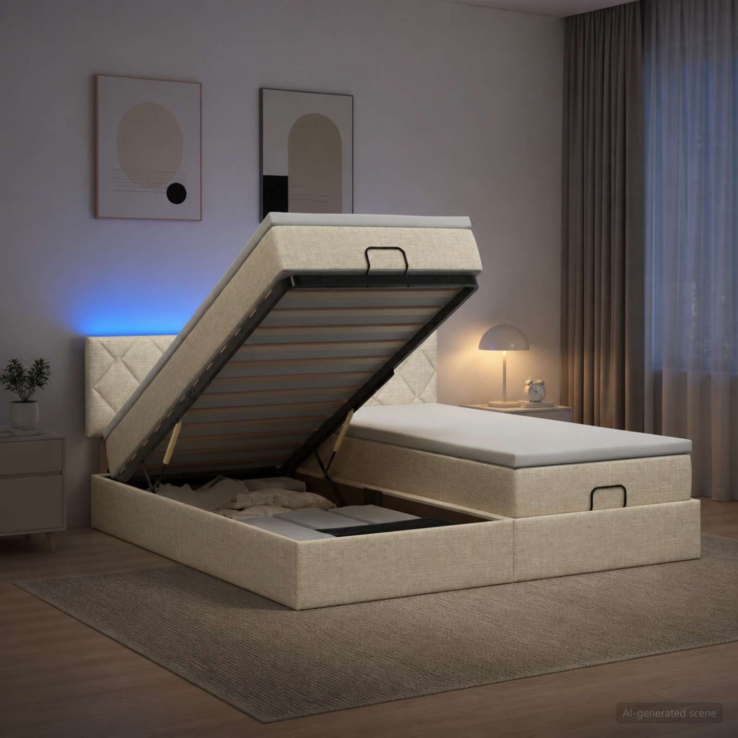 vidaXL Κρεβάτι Ottoman με Στρώμα και LED Κρεμ 180 x 200 cm Ύφασμα