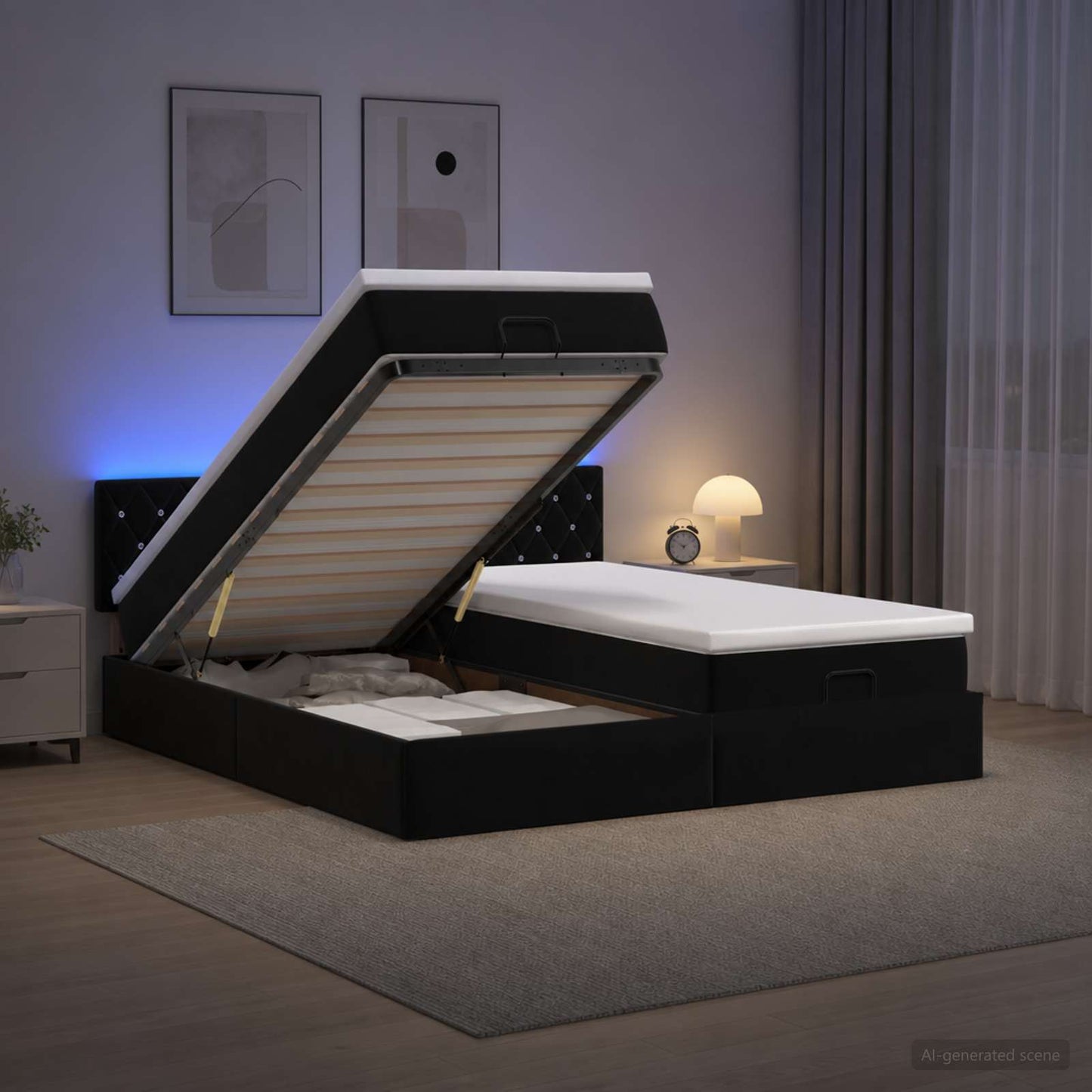 vidaXL Κρεβάτι Ottoman με Στρώμα και LED Μαύρο 180 x 200 cm Βελούδο