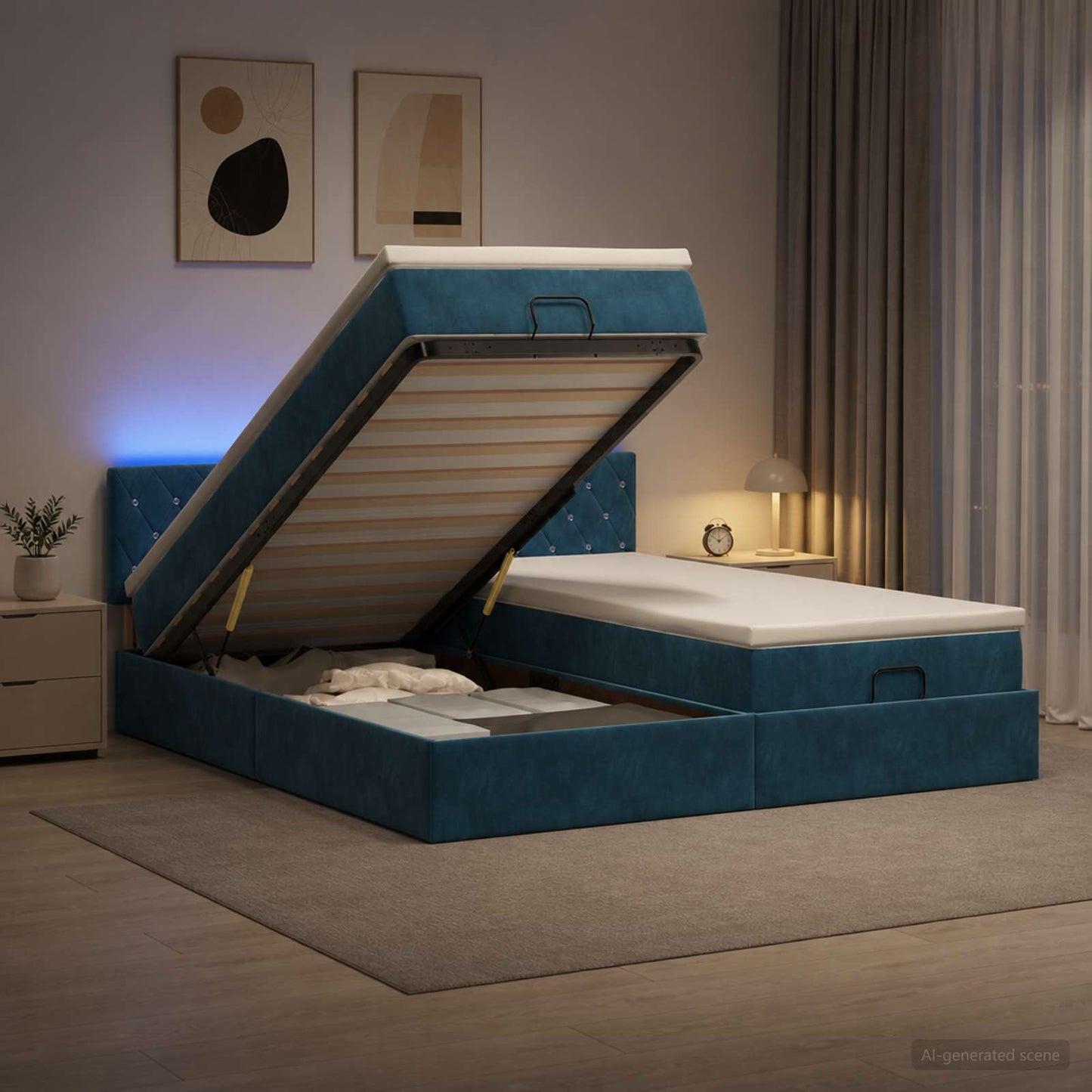 vidaXL Κρεβάτι Ottoman με Στρώμα και LED Σκούρο Μπλε 200 x 200 cm