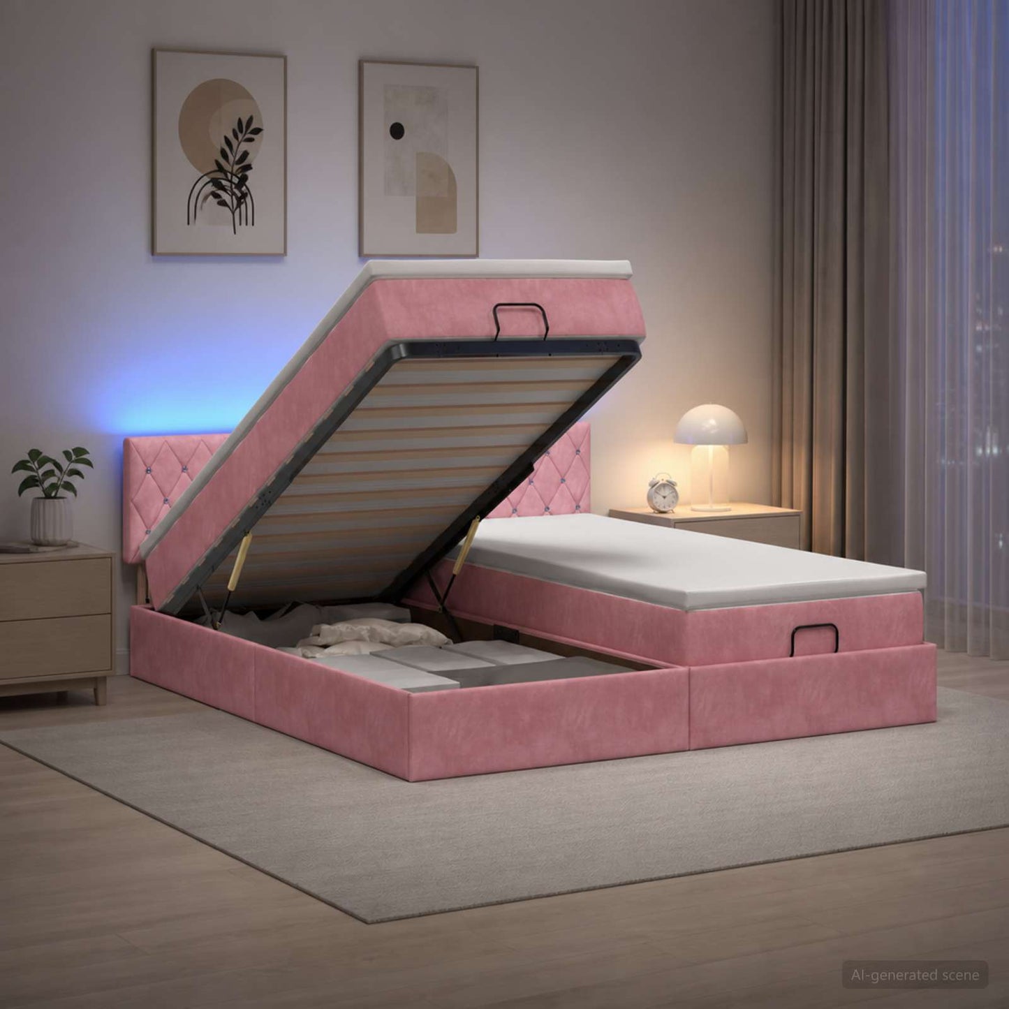 vidaXL Κρεβάτι Ottoman με Στρώμα και LED Ροζ 160 x 200 cm Βελούδο