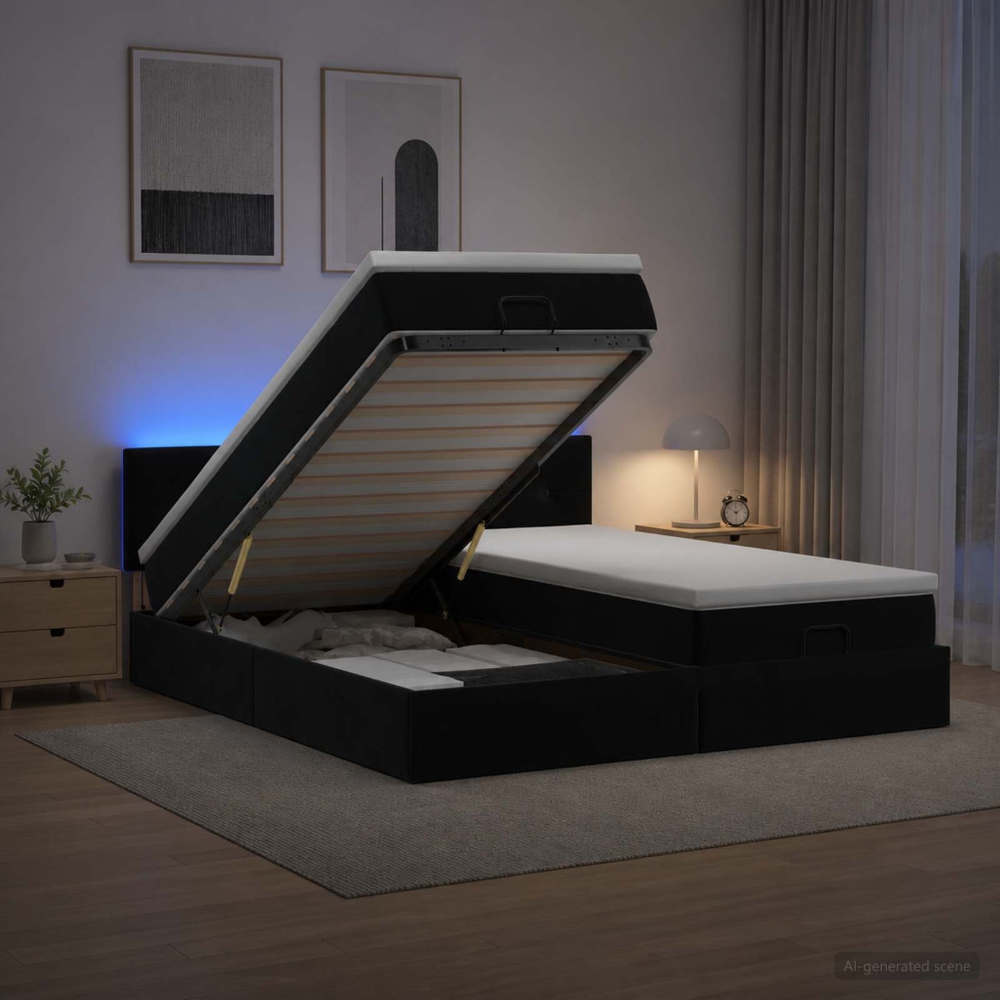 vidaXL Κρεβάτι Ottoman με Στρώμα και LED Μαύρο 180 x 200 cm Βελούδο