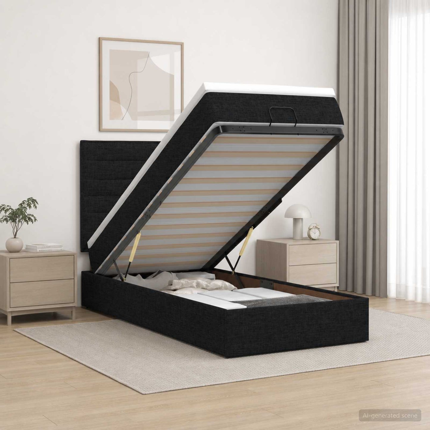 vidaXL Κρεβάτι Ottoman με Στρώμα και LED Μαύρο 90 x 200 cm Ύφασμα