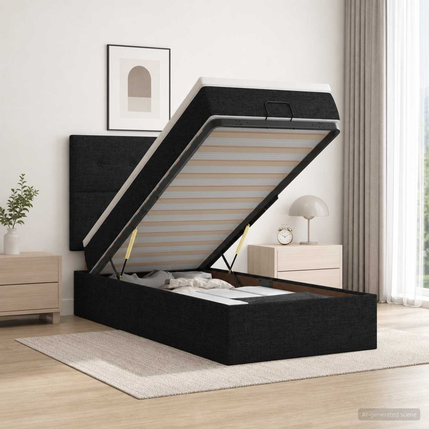 vidaXL Κρεβάτι Ottoman με στρώμα με κεφαλάρι Μαύρο 100 x 200 cm Ύφασμα