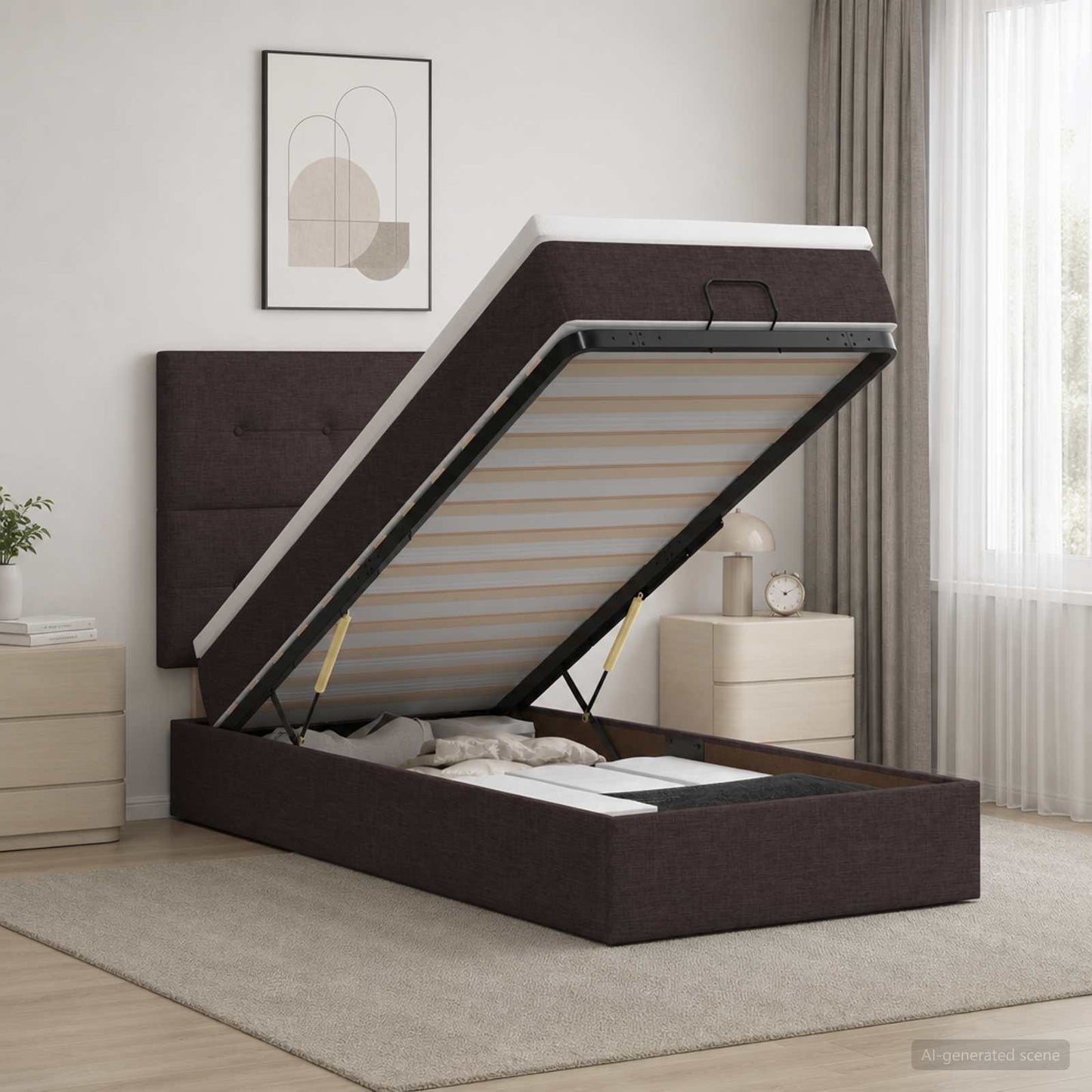 vidaXL Κρεβάτι Ottoman με Στρώμα και LED Σκούρο Καφέ 100 x 200 cm