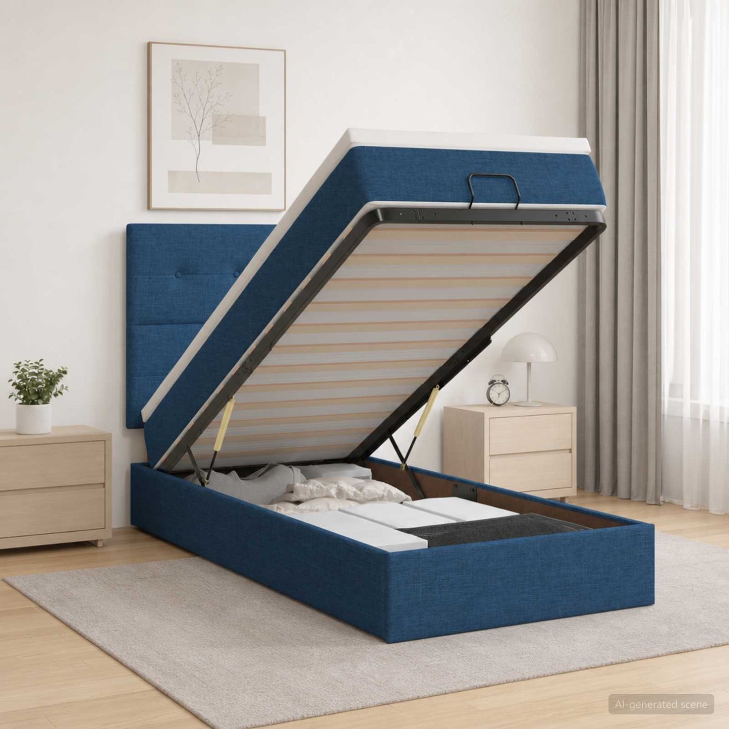 vidaXL Κρεβάτι Ottoman με Στρώμα και LED Μπλε 100 x 200 cm Ύφασμα