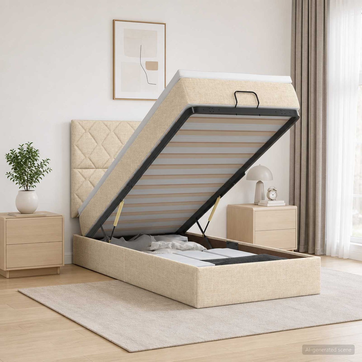 vidaXL Κρεβάτι Ottoman με Στρώμα και LED Κρεμ 90 x 190 cm Ύφασμα