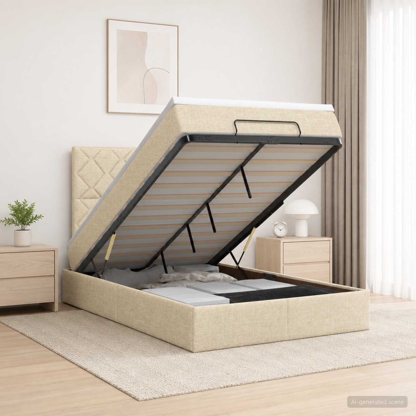 vidaXL Κρεβάτι Ottoman με Στρώμα και LED Κρεμ 120 x 190 cm Ύφασμα