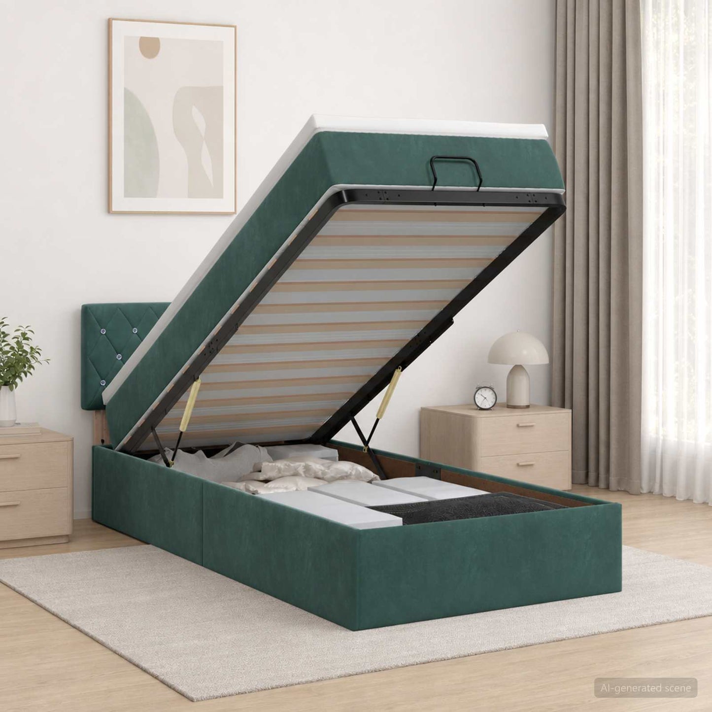vidaXL Κρεβάτι Ottoman με Στρώμα και LED Σκούρο Πράσινο 100 x 200 cm