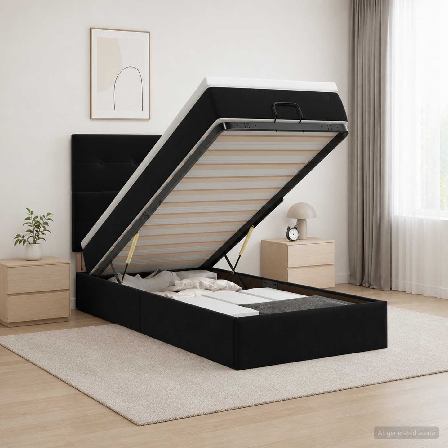 vidaXL Κρεβάτι Ottoman με Στρώμα και LED Μαύρο 90 x 200 cm Βελούδο