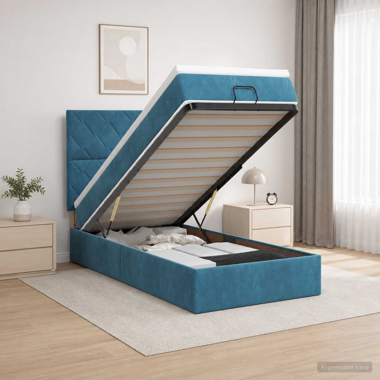 vidaXL Κρεβάτι Ottoman με Στρώμα και LED Σκούρο Μπλε 90 x 200 cm