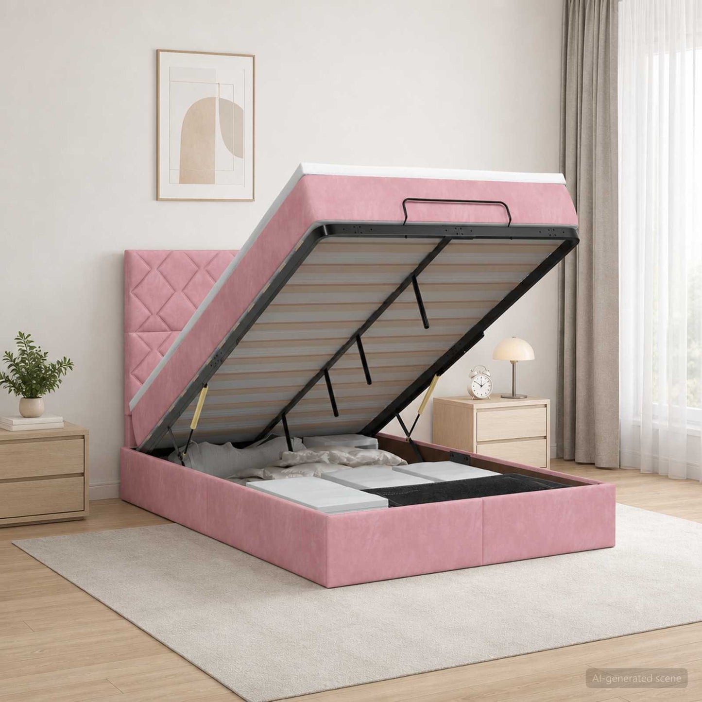 vidaXL Κρεβάτι Ottoman με Στρώμα και LED Ροζ 120 x 200 cm Βελούδο