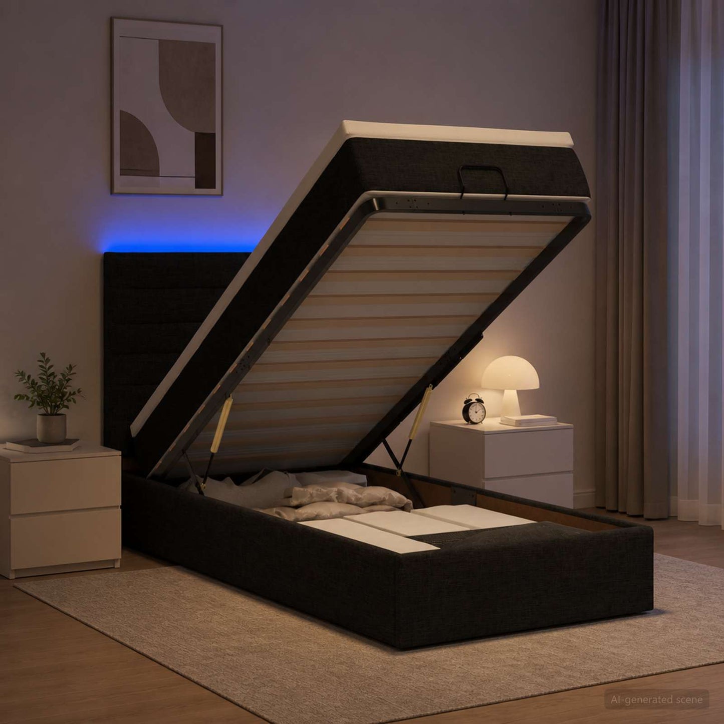 vidaXL Κρεβάτι Ottoman με Στρώμα και LED Μαύρο 90 x 200 cm Ύφασμα