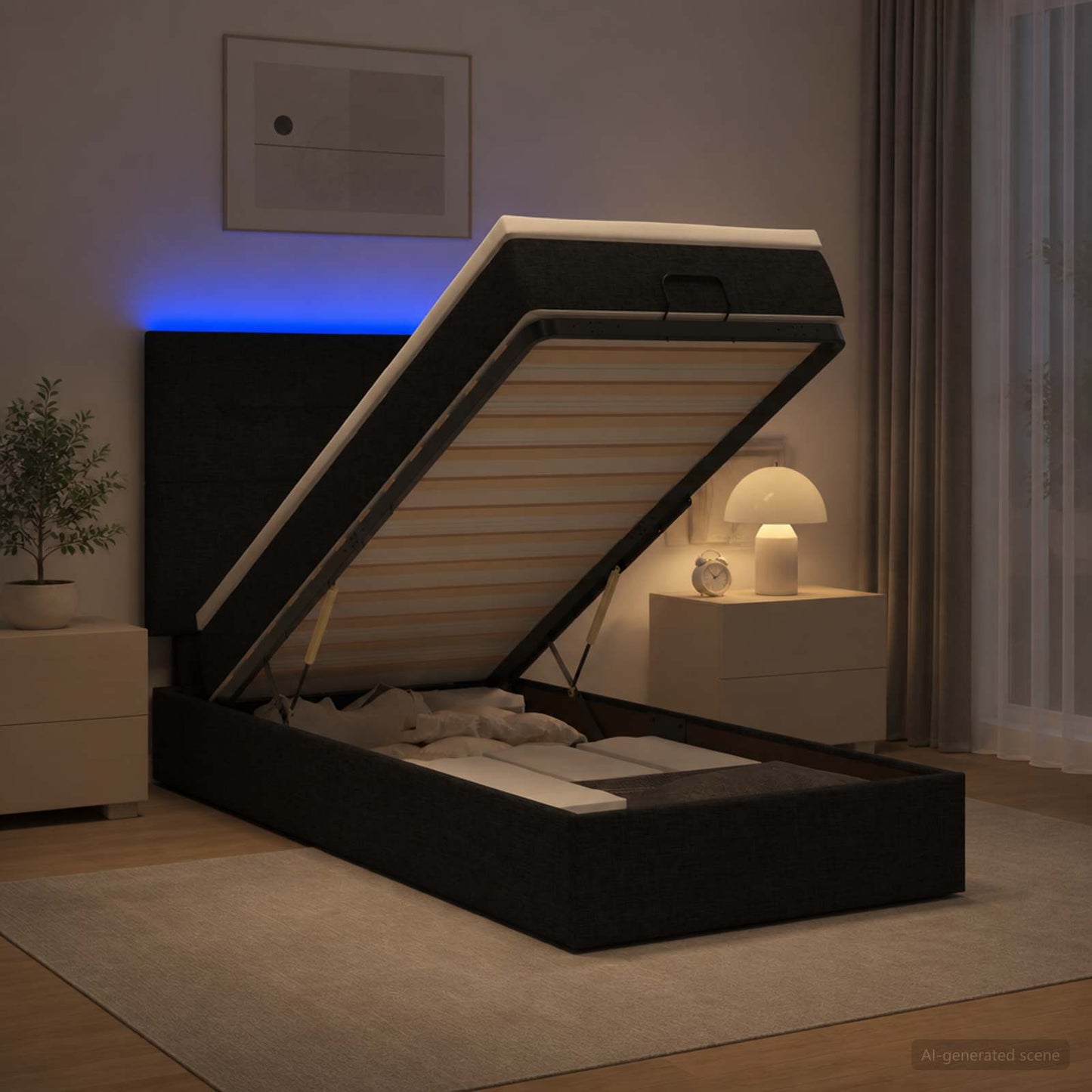 vidaXL Κρεβάτι Ottoman με Στρώμα και LED Μαύρο 100 x 200 cm Ύφασμα