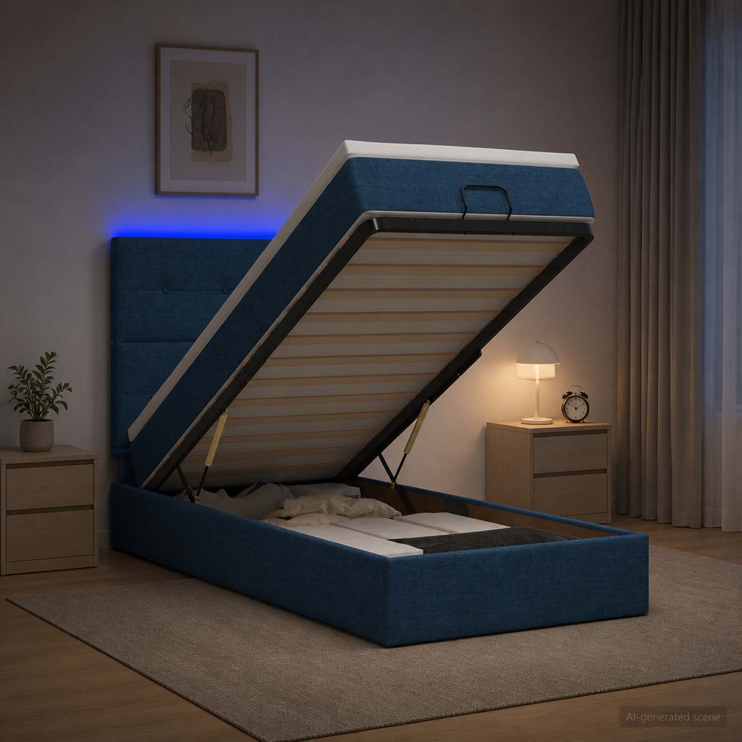 vidaXL Κρεβάτι Ottoman με Στρώμα και LED Μπλε 90 x 200 cm Ύφασμα