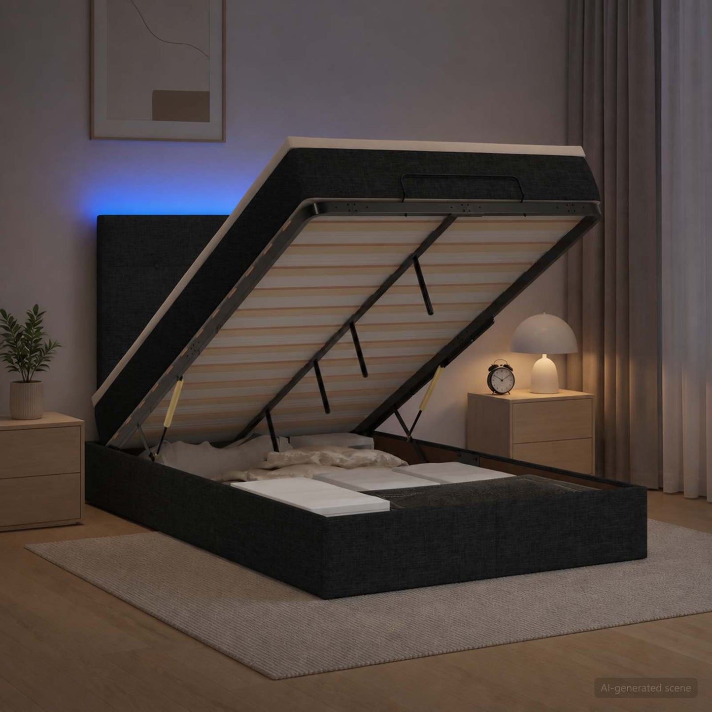 vidaXL Κρεβάτι Ottoman με Στρώμα και LED Μαύρο 120 x 190 cm Ύφασμα