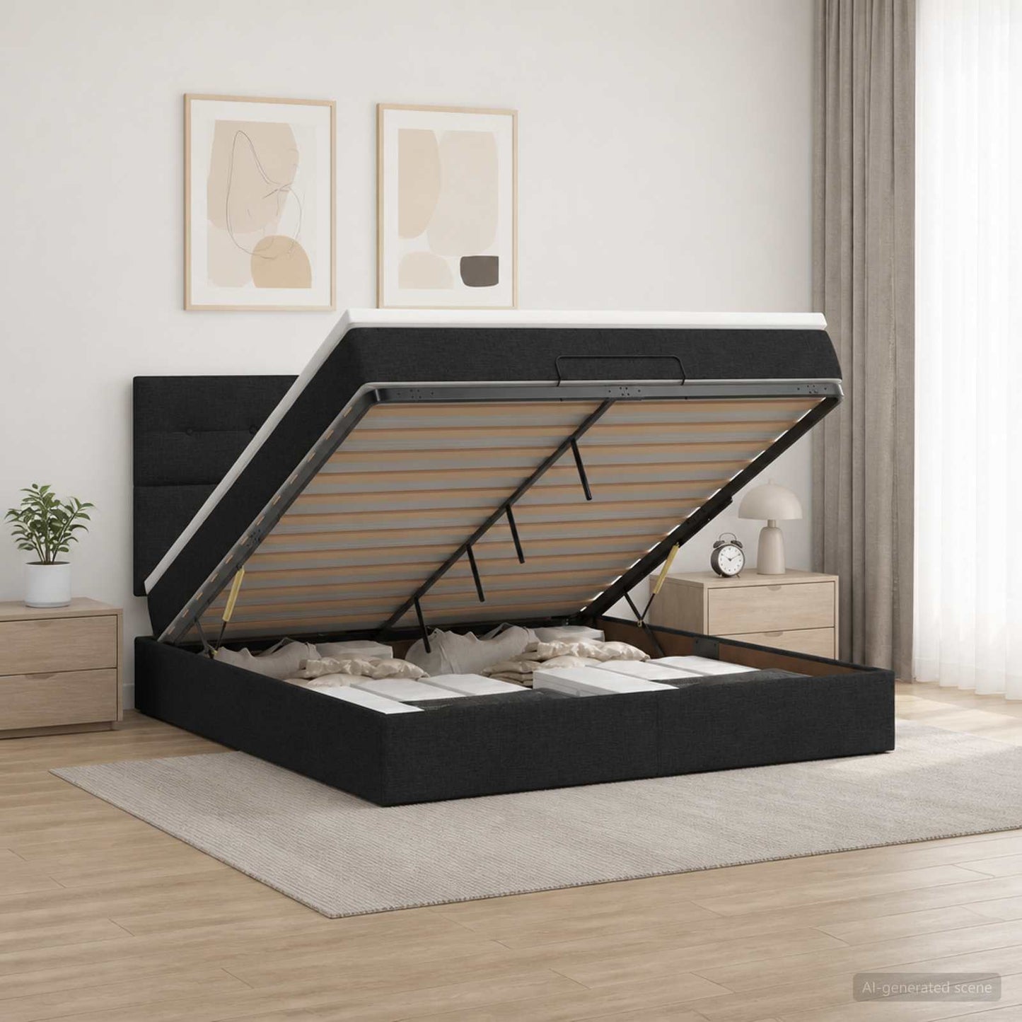 vidaXL Κρεβάτι Ottoman με Στρώμα και LED Μαύρο 180 x 200 cm Ύφασμα