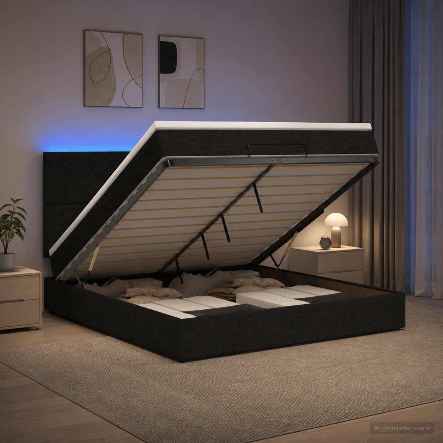 vidaXL Κρεβάτι Ottoman με Στρώμα και LED Μαύρο 180 x 200 cm Ύφασμα
