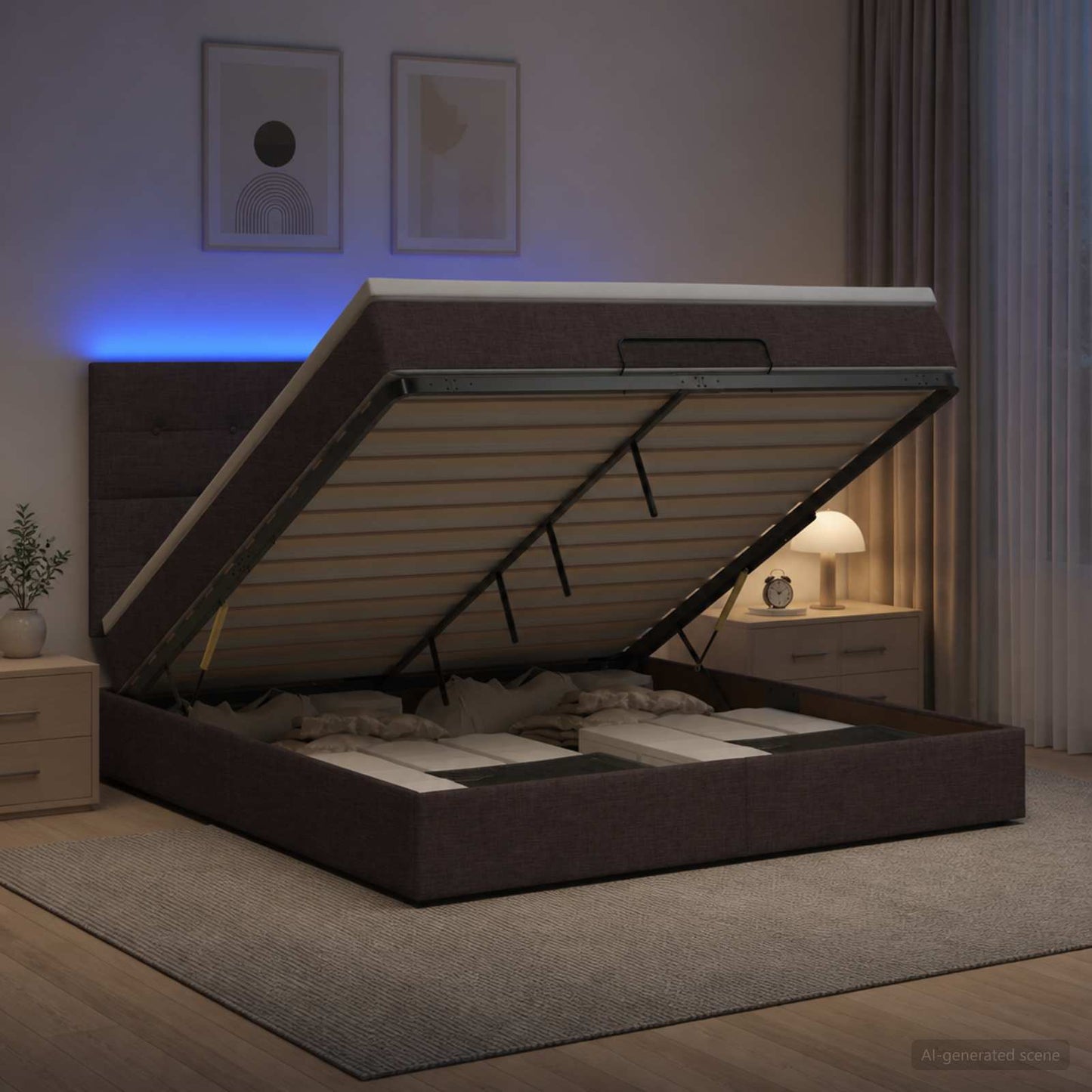 vidaXL Κρεβάτι Ottoman με Στρώμα και LED Σκούρο Καφέ 140 x 200 cm