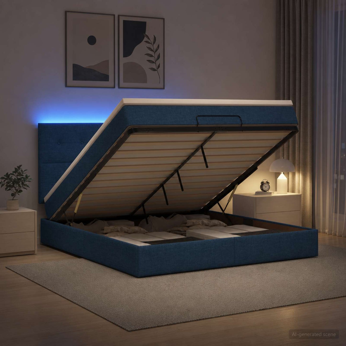 vidaXL Κρεβάτι Ottoman με Στρώμα και LED Μπλε 140 x 190 cm Ύφασμα