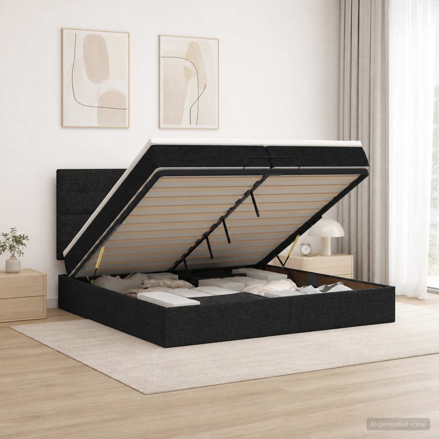 vidaXL Κρεβάτι Ottoman με στρώμα με κεφαλάρι Μαύρο 200 x 200 cm Ύφασμα