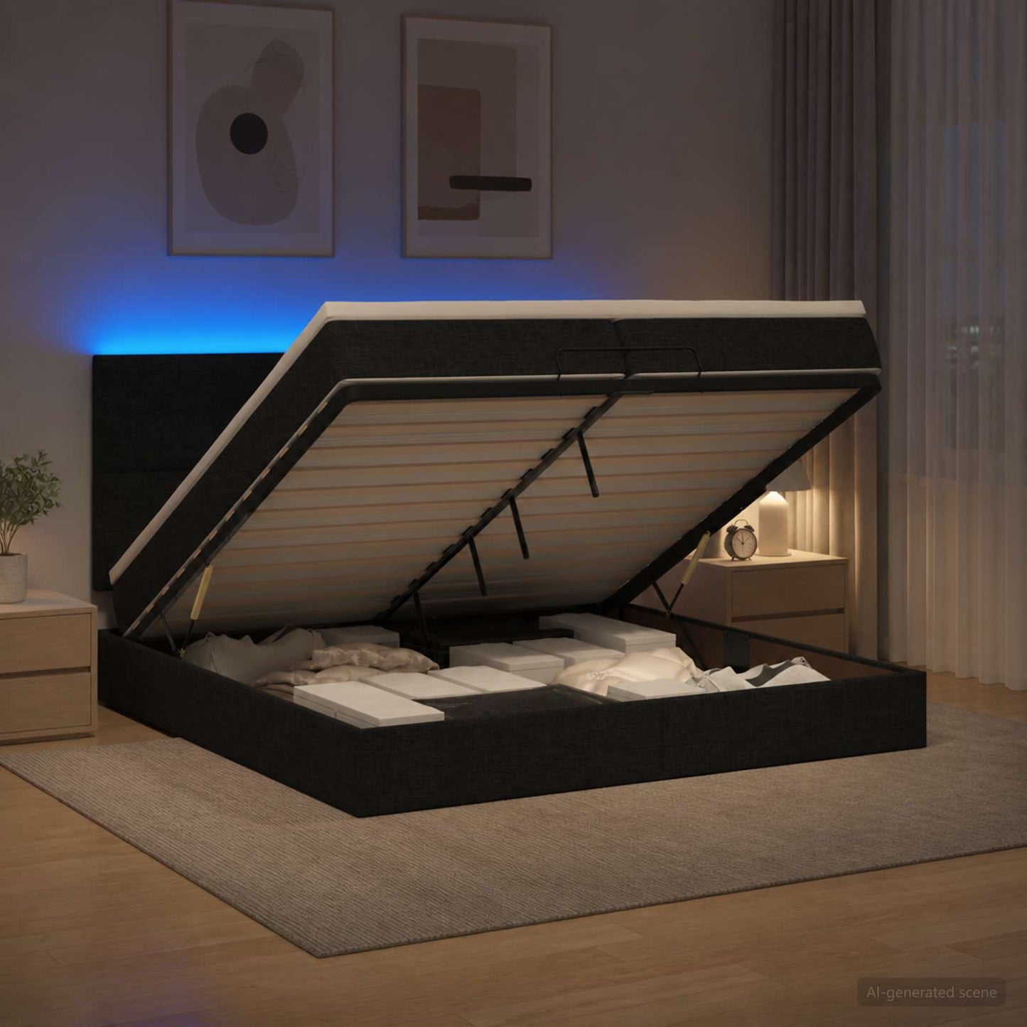 vidaXL Κρεβάτι Ottoman με Στρώμα και LED Μαύρο 200 x 200 cm Ύφασμα