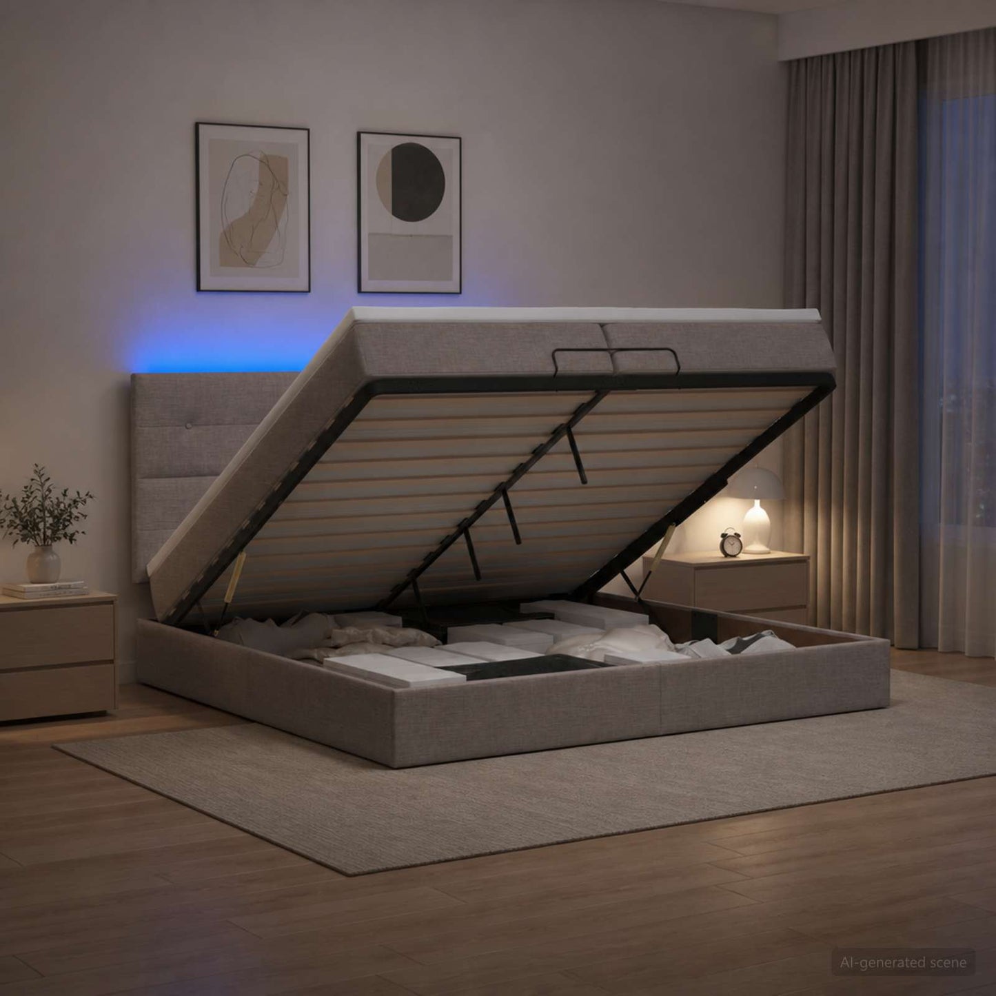 vidaXL Κρεβάτι Ottoman με Στρώμα και LED Taupe 200 x 200 cm Ύφασμα
