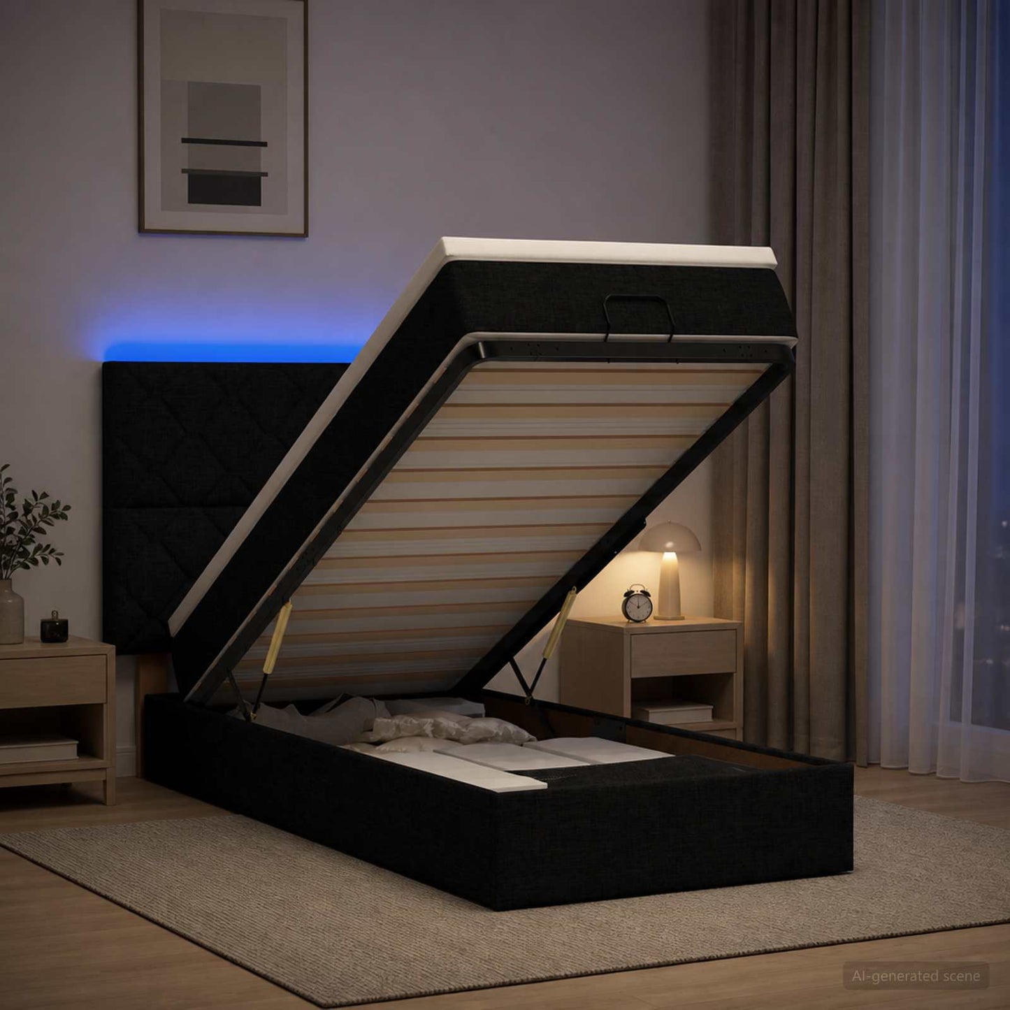 vidaXL Κρεβάτι Ottoman με Στρώμα και LED Μαύρο 100 x 200 cm Ύφασμα