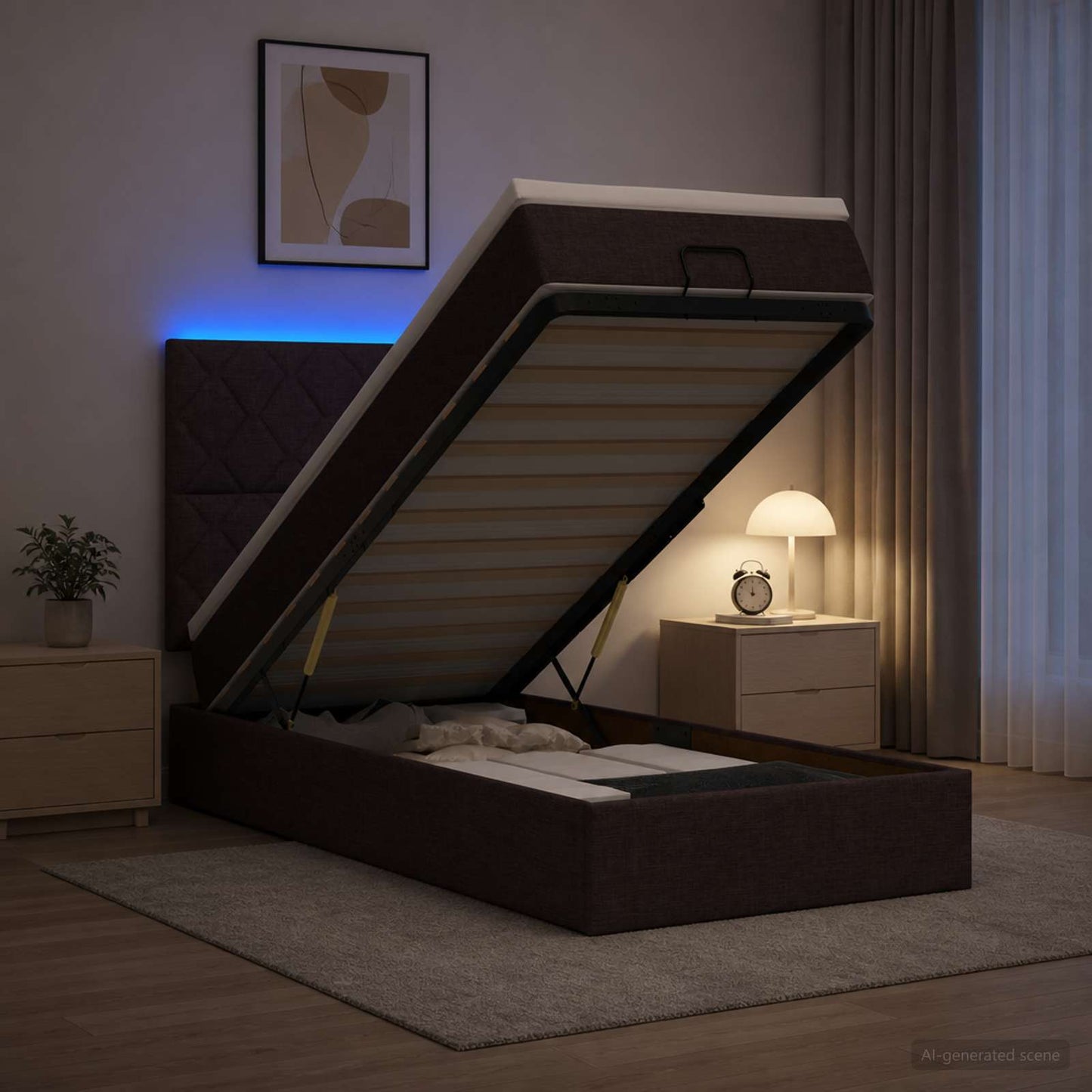 vidaXL Κρεβάτι Ottoman με Στρώμα και LED Σκούρο Καφέ 100 x 200 cm