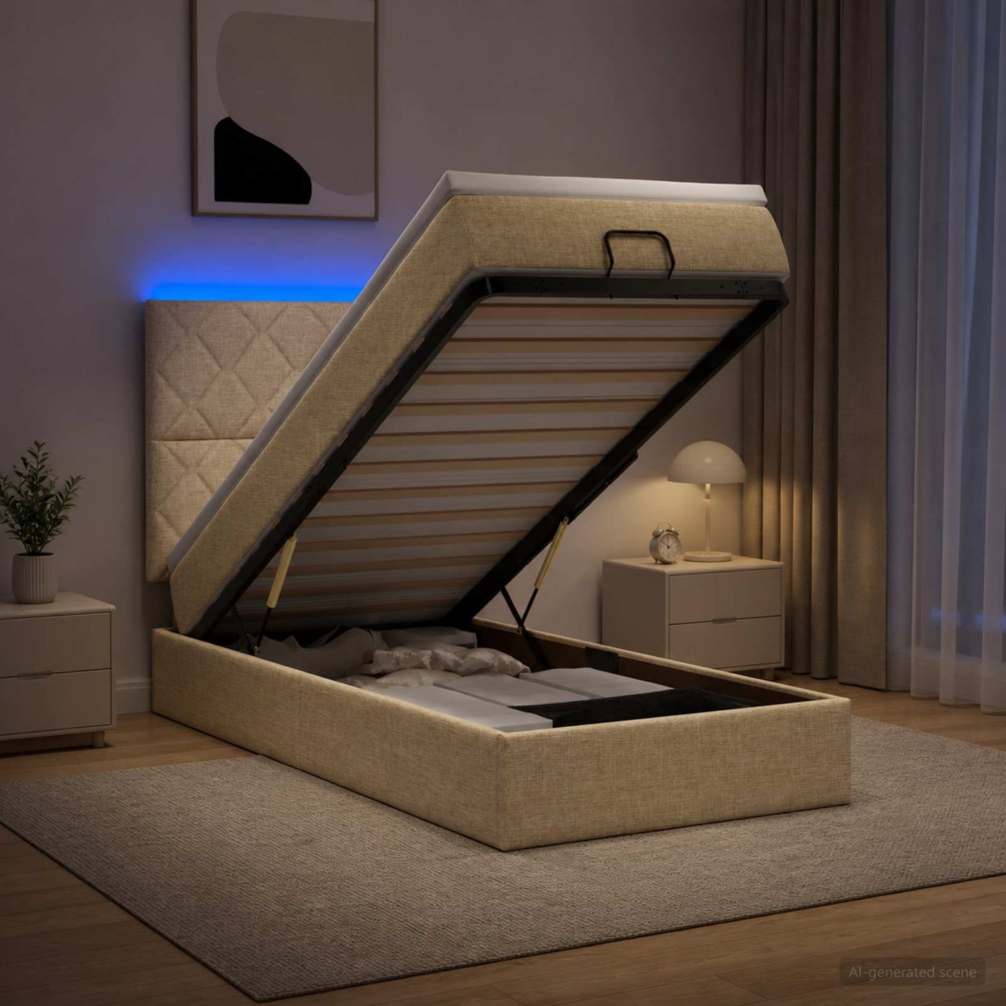 vidaXL Κρεβάτι Ottoman με Στρώμα και LED Κρεμ 90 x 190 cm Ύφασμα