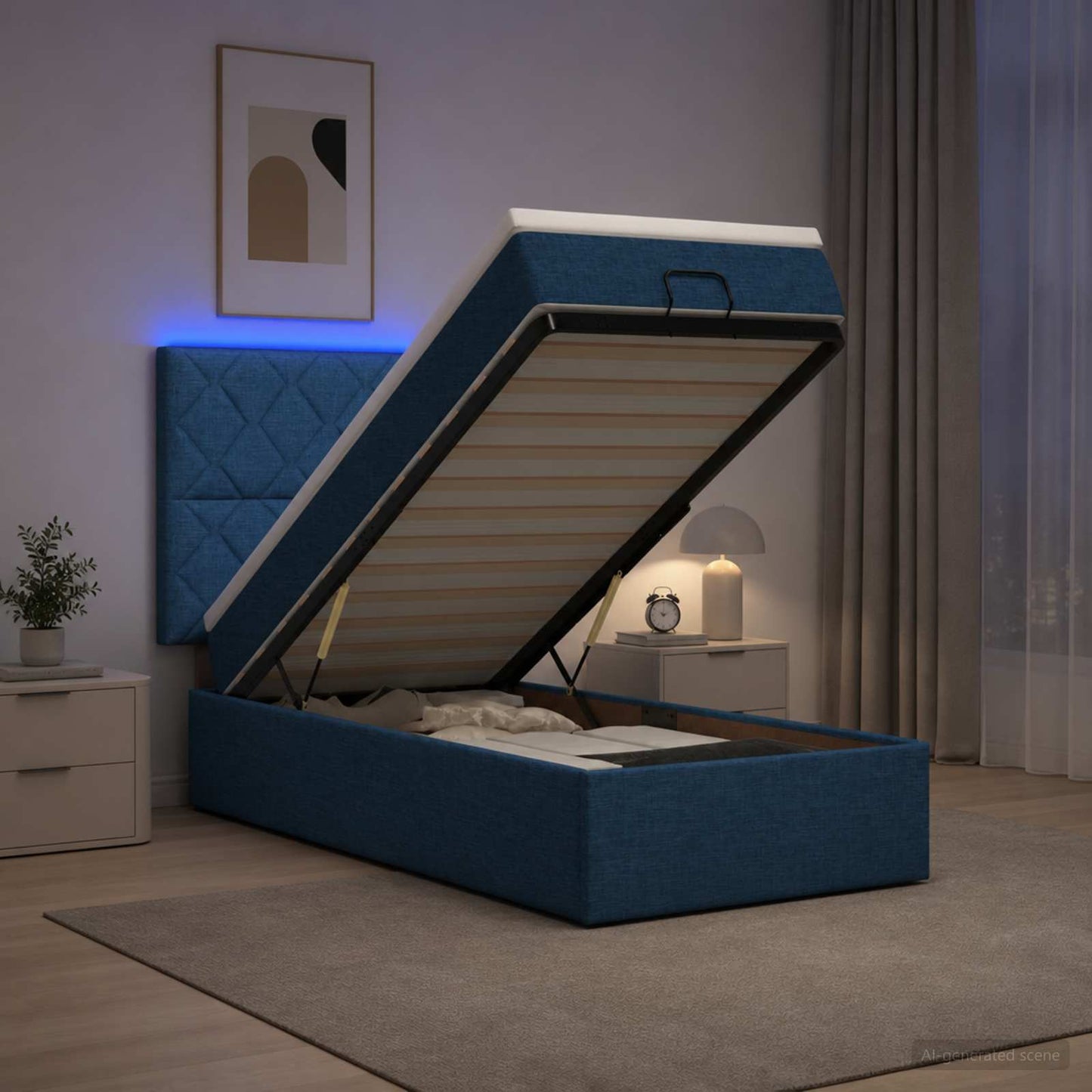 vidaXL Κρεβάτι Ottoman με Στρώμα και LED Μπλε 90 x 200 cm Ύφασμα