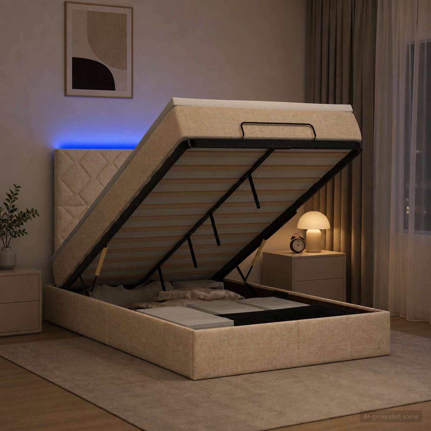 vidaXL Κρεβάτι Ottoman με Στρώμα και LED Κρεμ 120 x 200 cm Ύφασμα