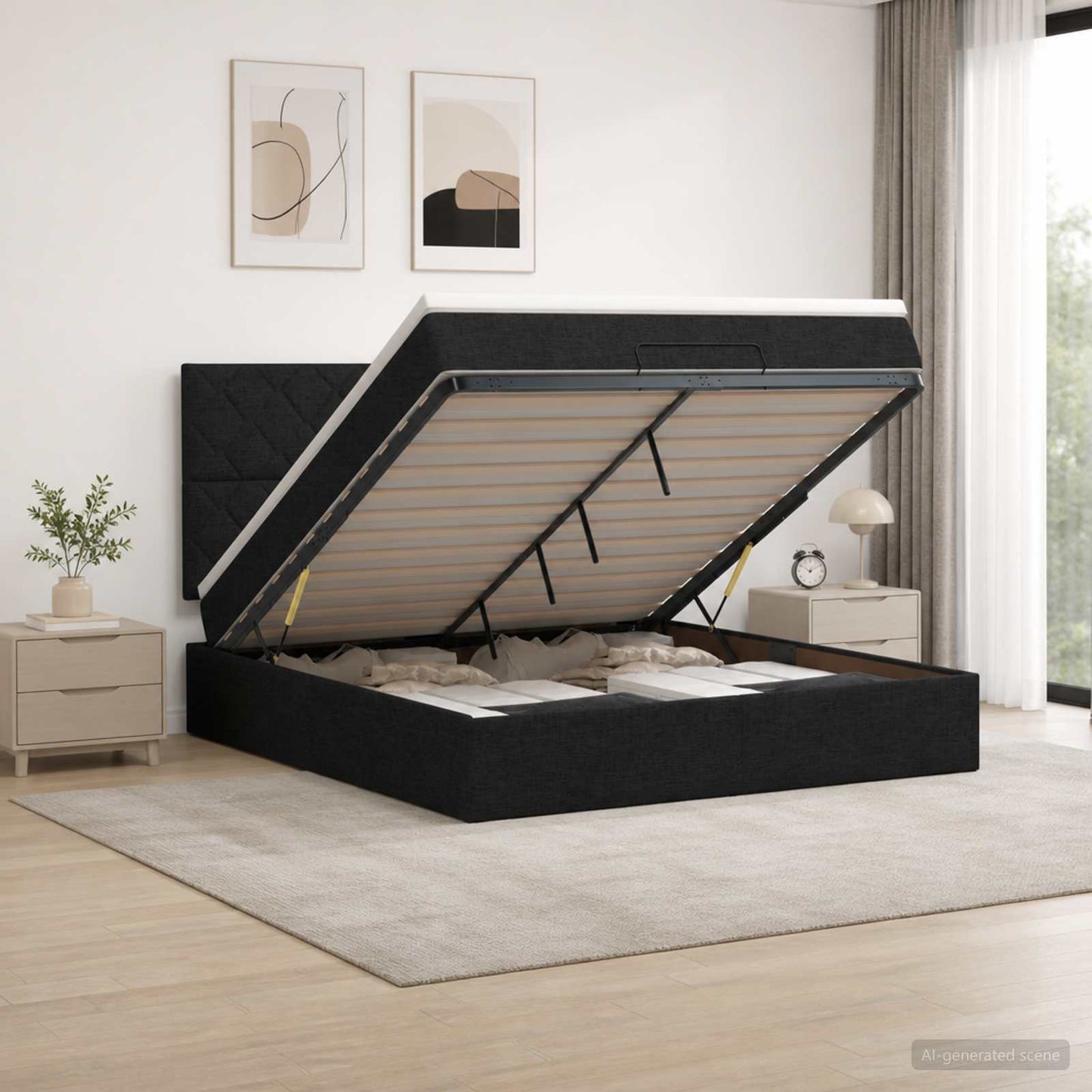 vidaXL Κρεβάτι Ottoman με Στρώμα και LED Μαύρο 160 x 200 cm Ύφασμα