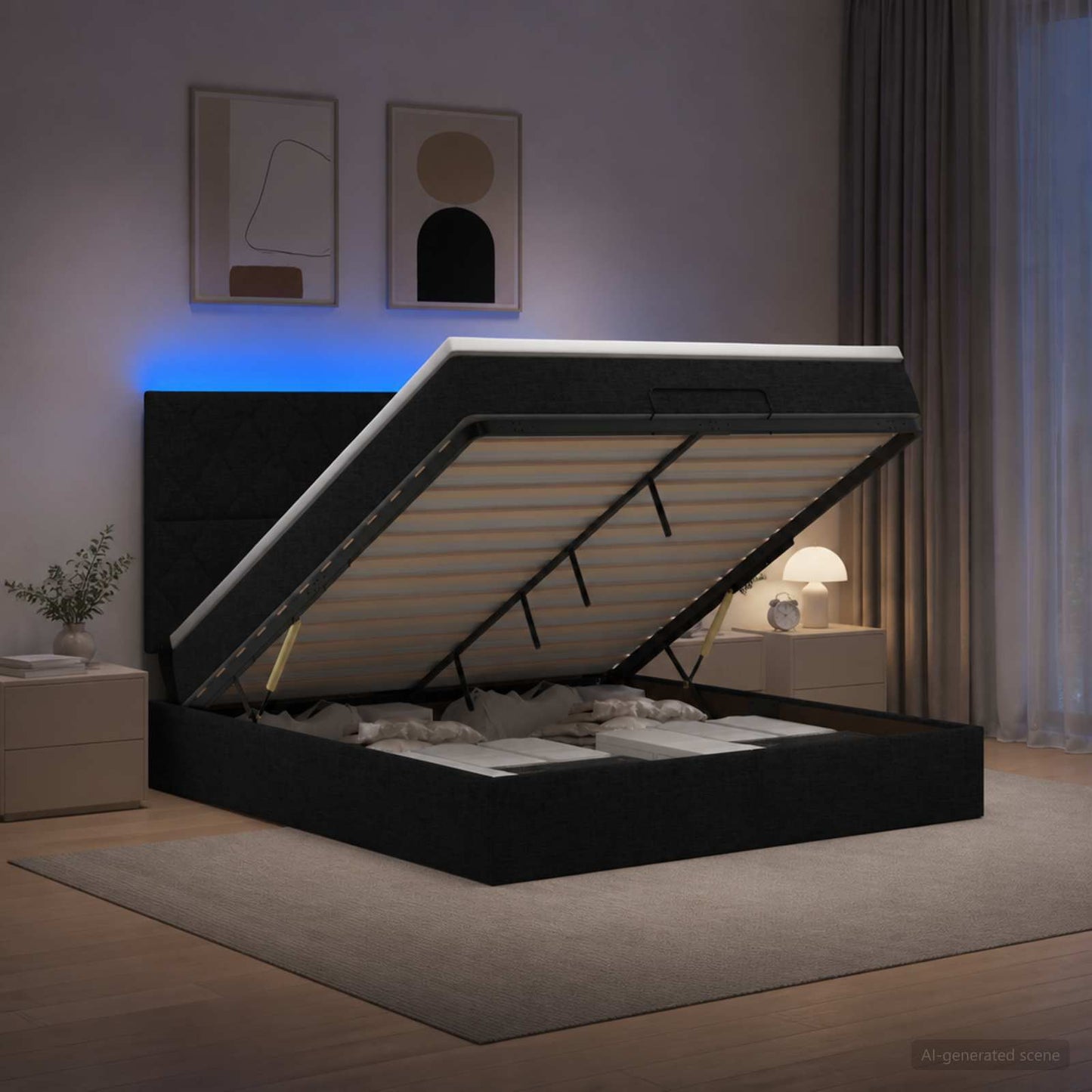 vidaXL Κρεβάτι Ottoman με Στρώμα και LED Μαύρο 140 x 190 cm Ύφασμα