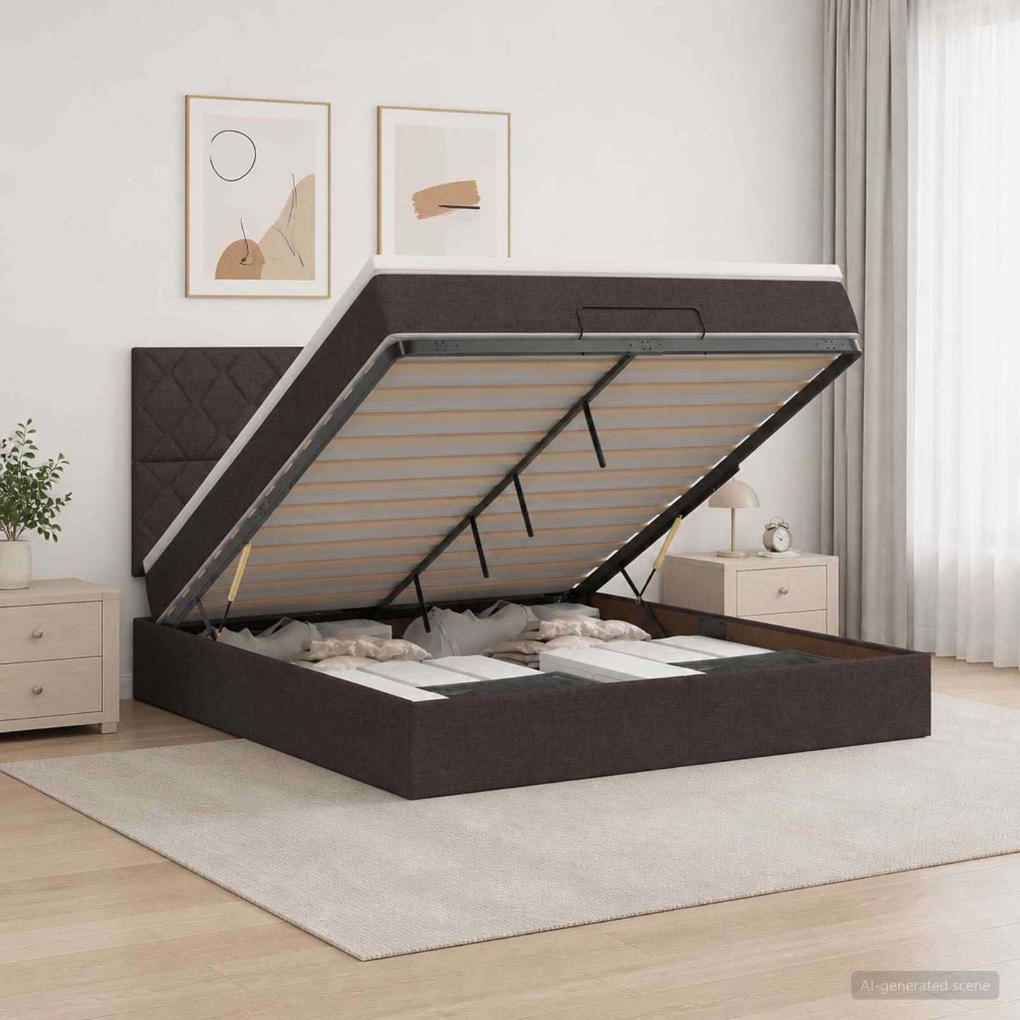 vidaXL Κρεβάτι Ottoman με Στρώμα και LED Σκούρο Καφέ 140 x 200 cm