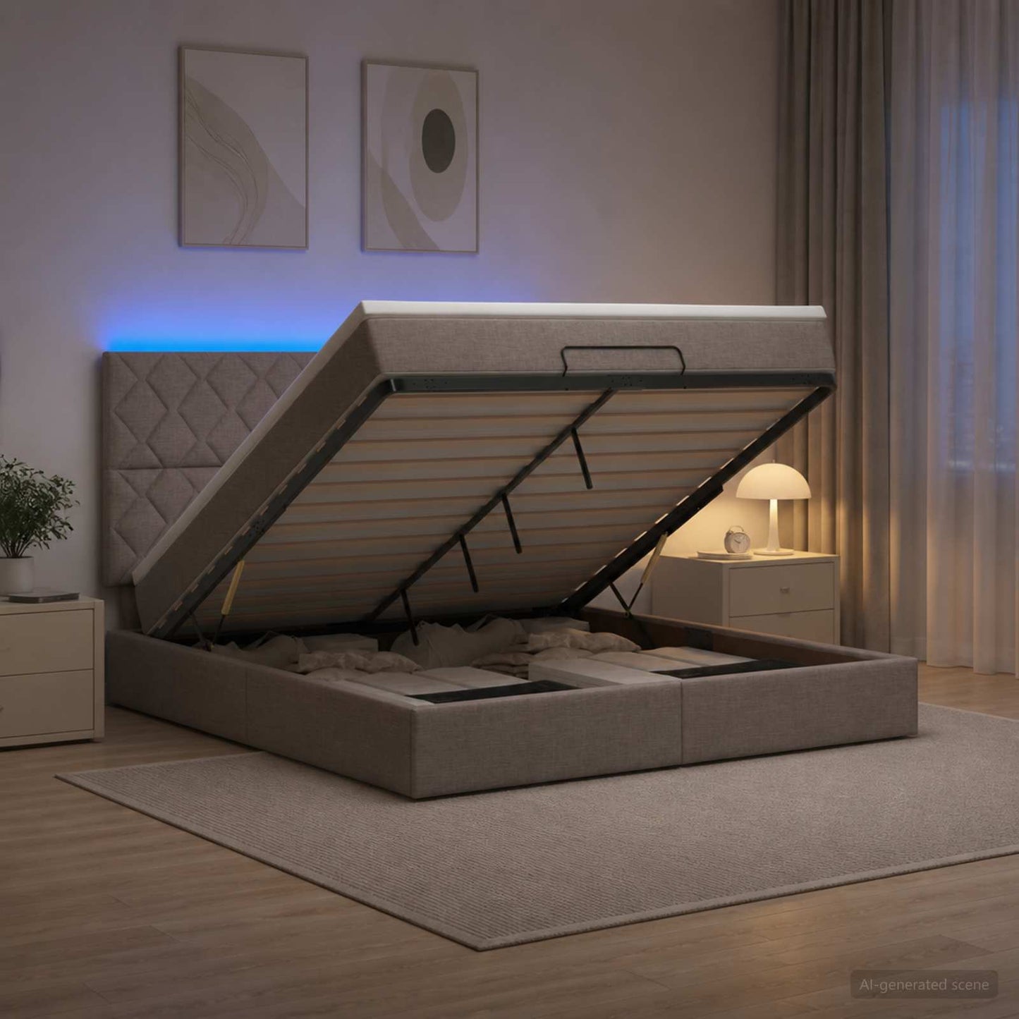 vidaXL Κρεβάτι Ottoman με Στρώμα και LED Taupe 140 x 190 cm Ύφασμα