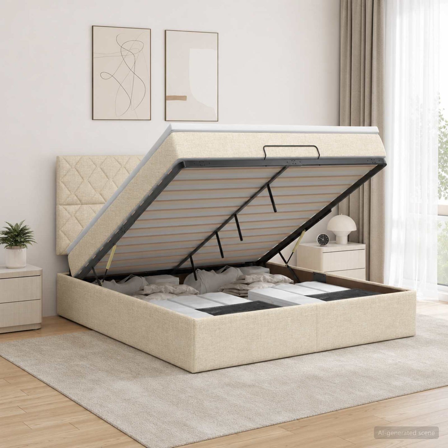 vidaXL Κρεβάτι Ottoman με Στρώμα και LED Κρεμ 180 x 200 cm Ύφασμα
